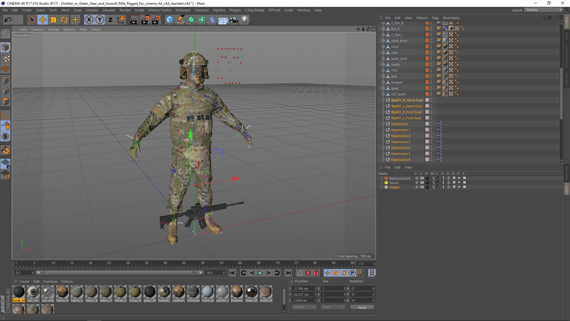 3D model Soldier in Green Gear and Assault Rifle Rigged for Cinema 4D