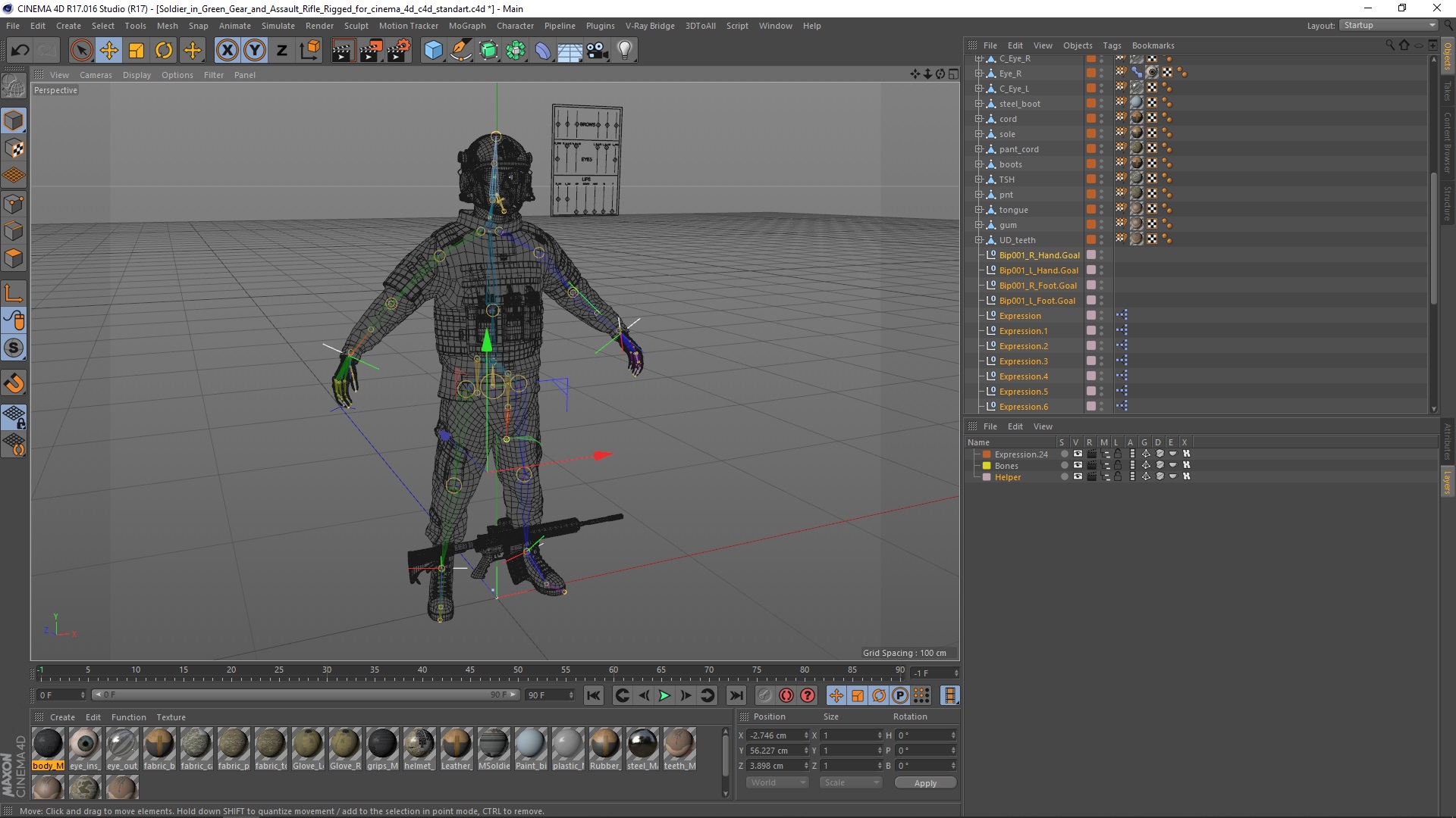 3D model Soldier in Green Gear and Assault Rifle Rigged for Cinema 4D