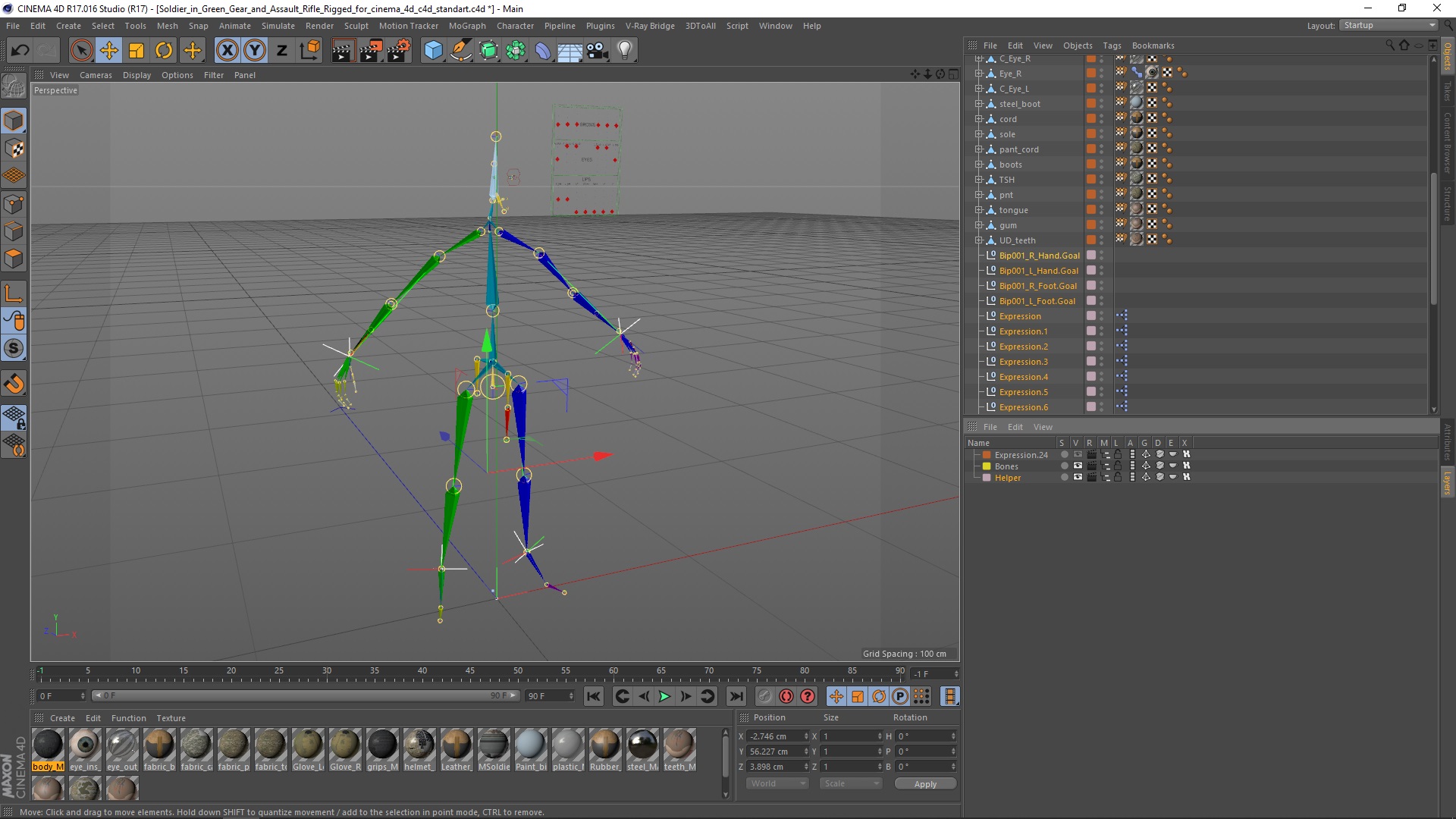 3D model Soldier in Green Gear and Assault Rifle Rigged for Cinema 4D