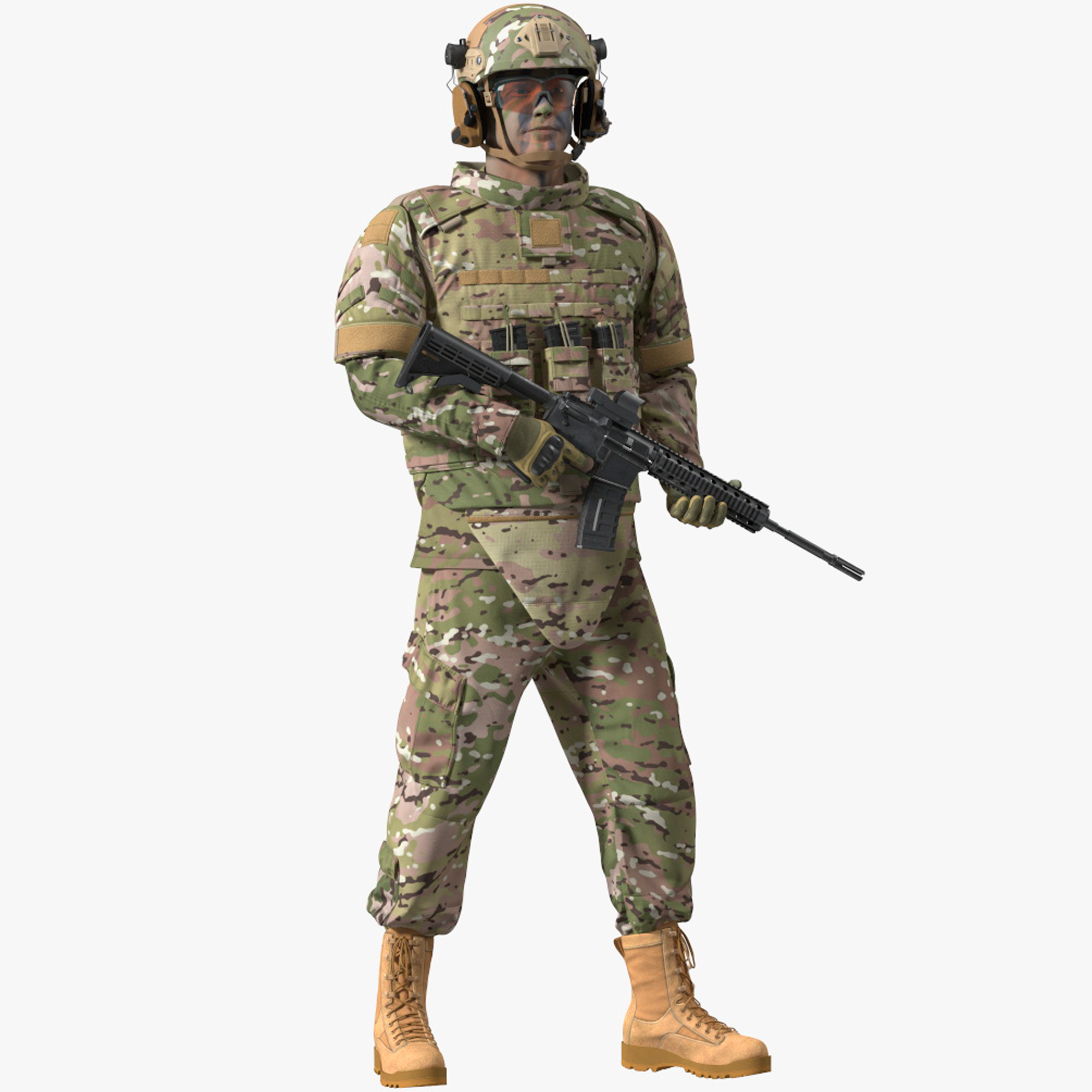 3D model Soldier in Green Gear and Assault Rifle Rigged for Cinema 4D