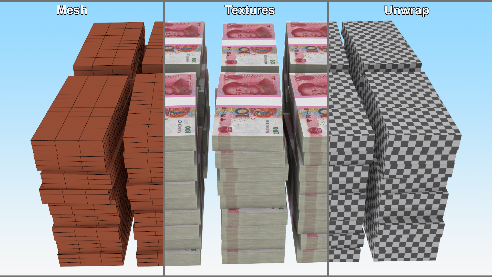 3D Stacked China Currency 100 Yuan Banknotes