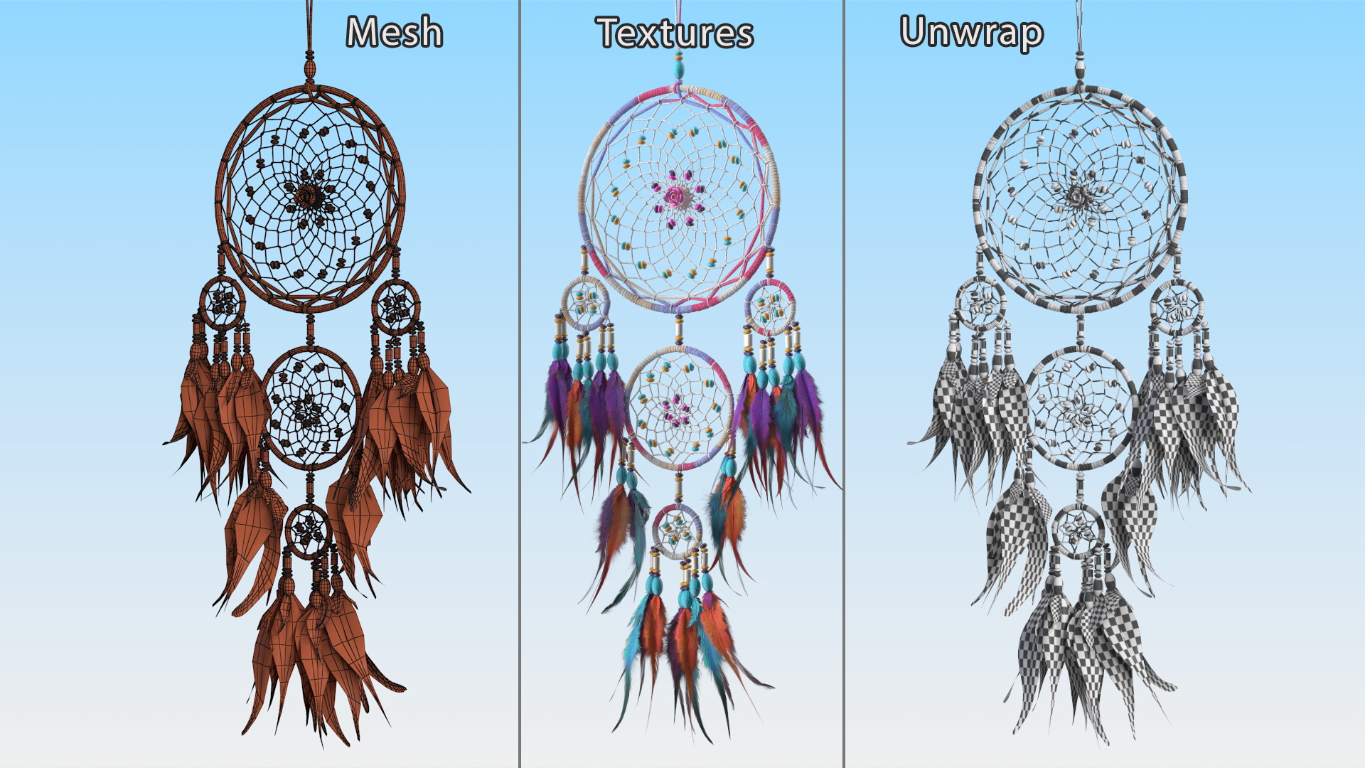 3D Decorative Dreamcatcher with Feathers Five Rings model