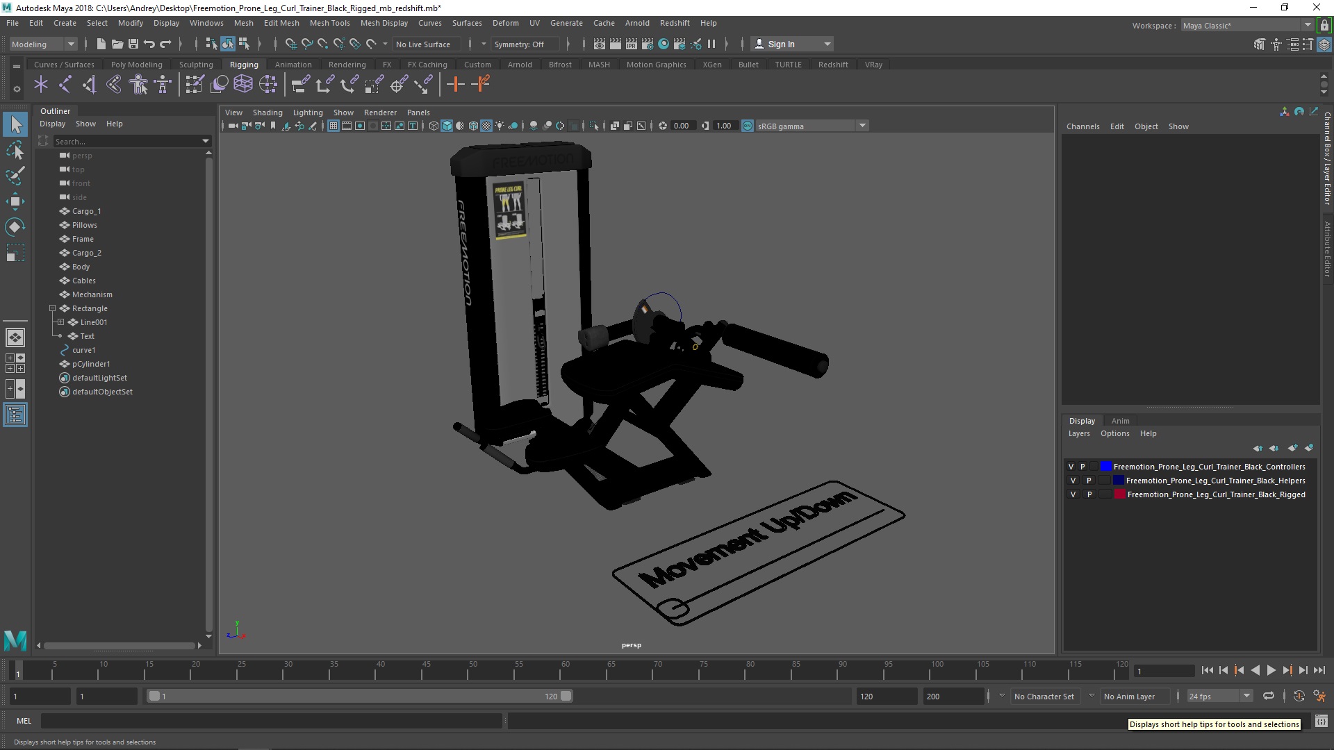 3D model Freemotion Prone Leg Curl Trainer Black Rigged for Maya