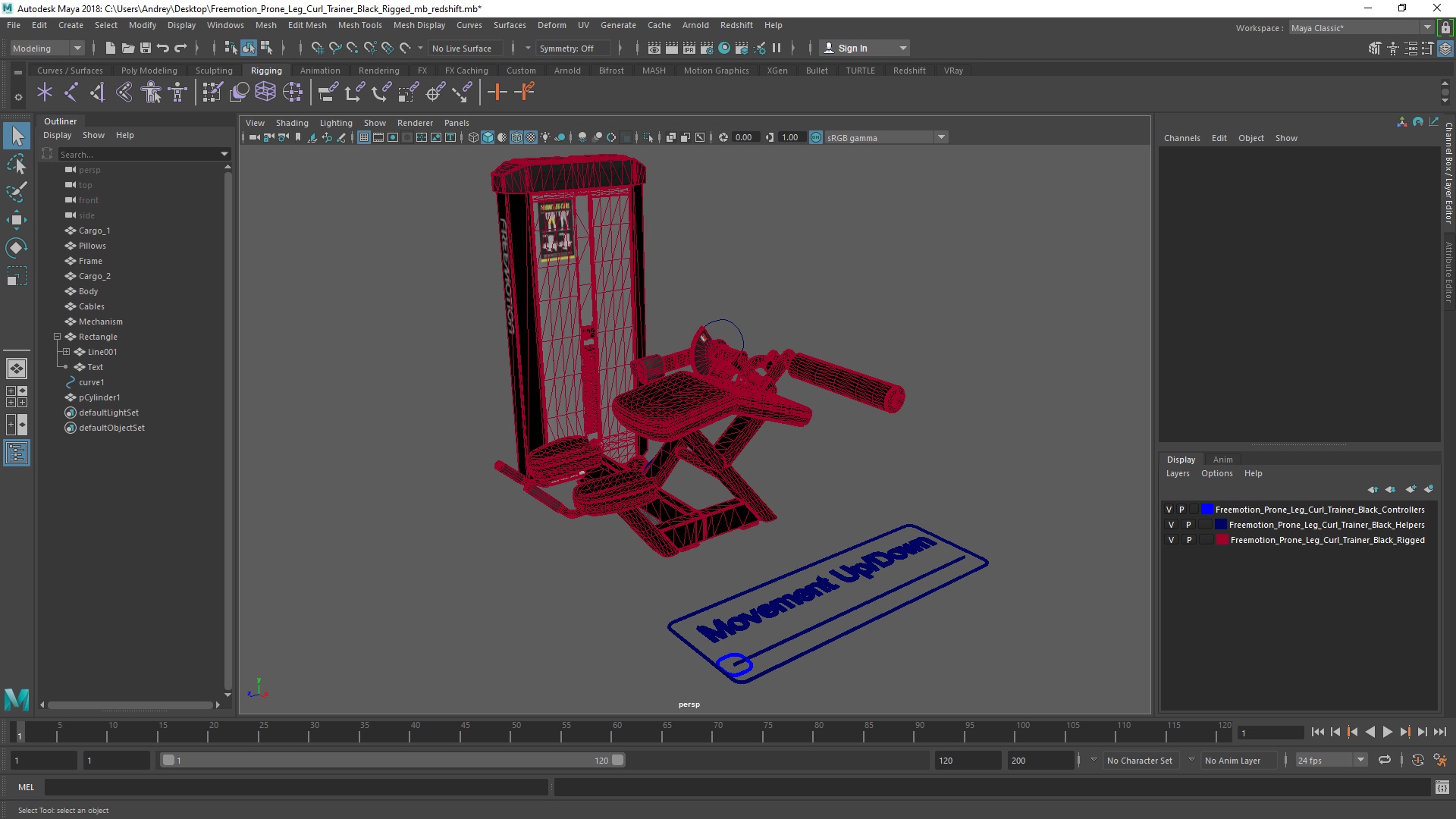 3D model Freemotion Prone Leg Curl Trainer Black Rigged for Maya