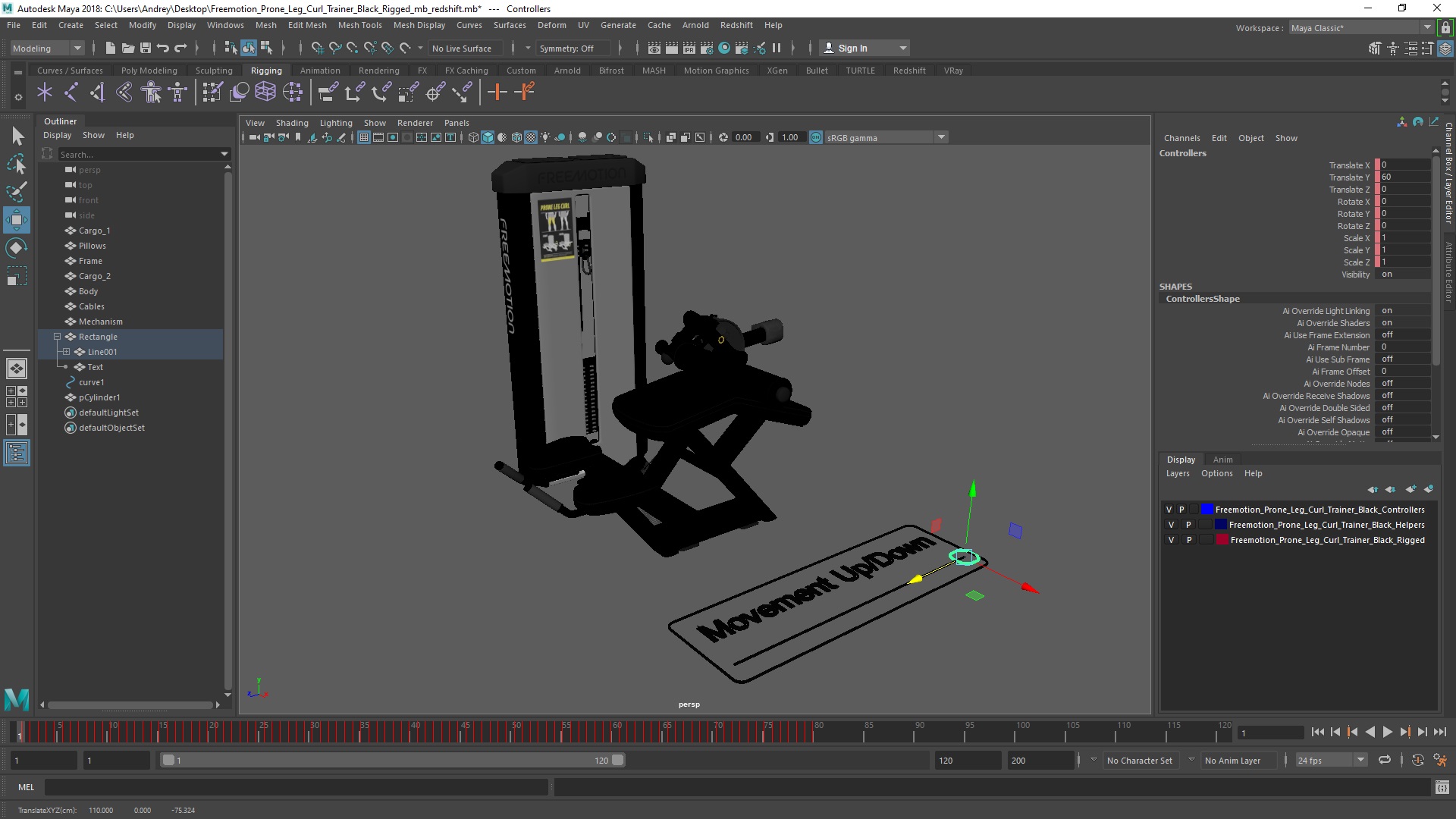3D model Freemotion Prone Leg Curl Trainer Black Rigged for Maya