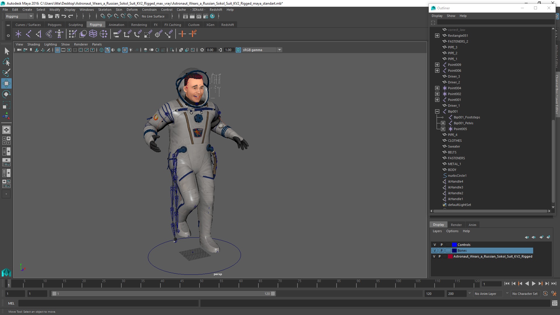 3D Astronaut Wears a Russian Sokol Suit KV2 Rigged for Maya