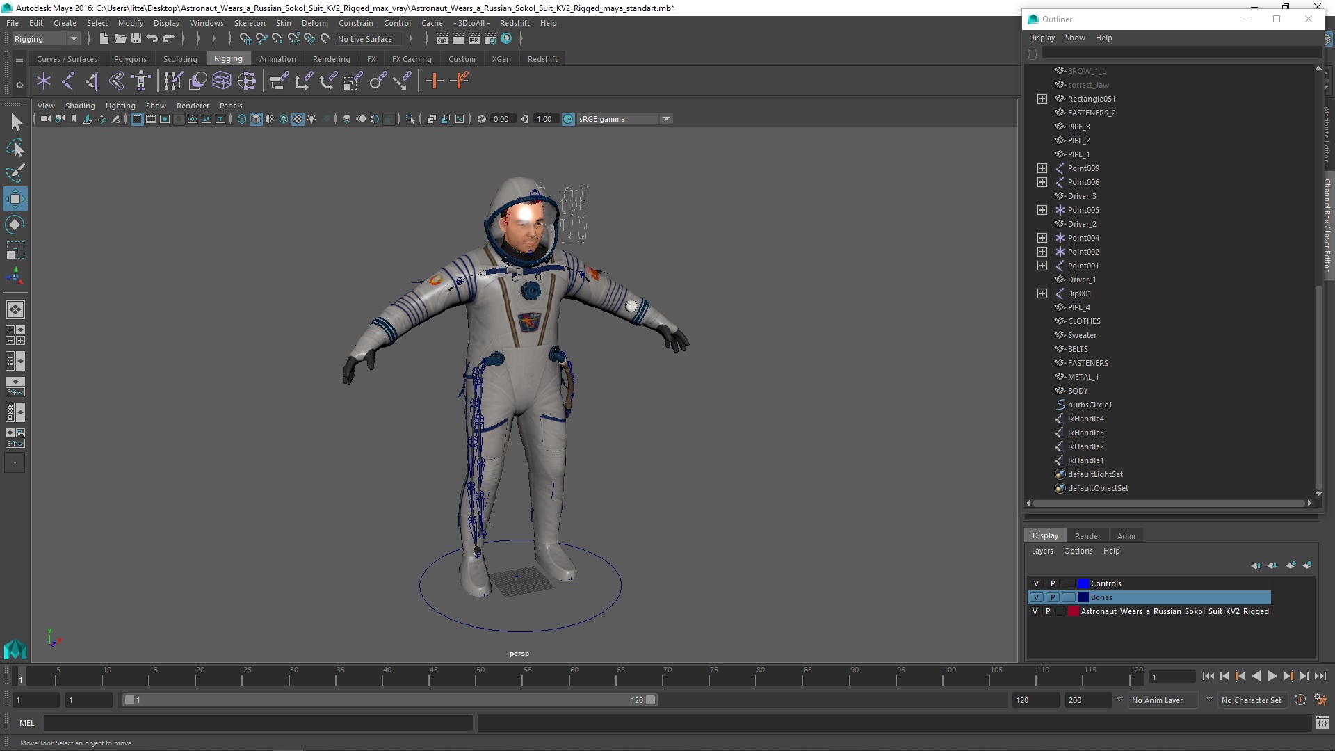 3D Astronaut Wears a Russian Sokol Suit KV2 Rigged for Maya