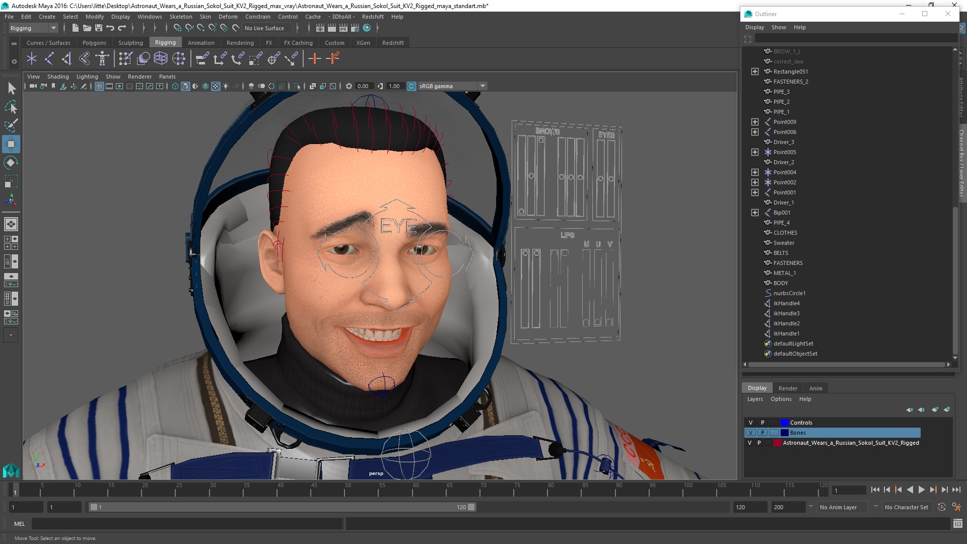 3D Astronaut Wears a Russian Sokol Suit KV2 Rigged for Maya