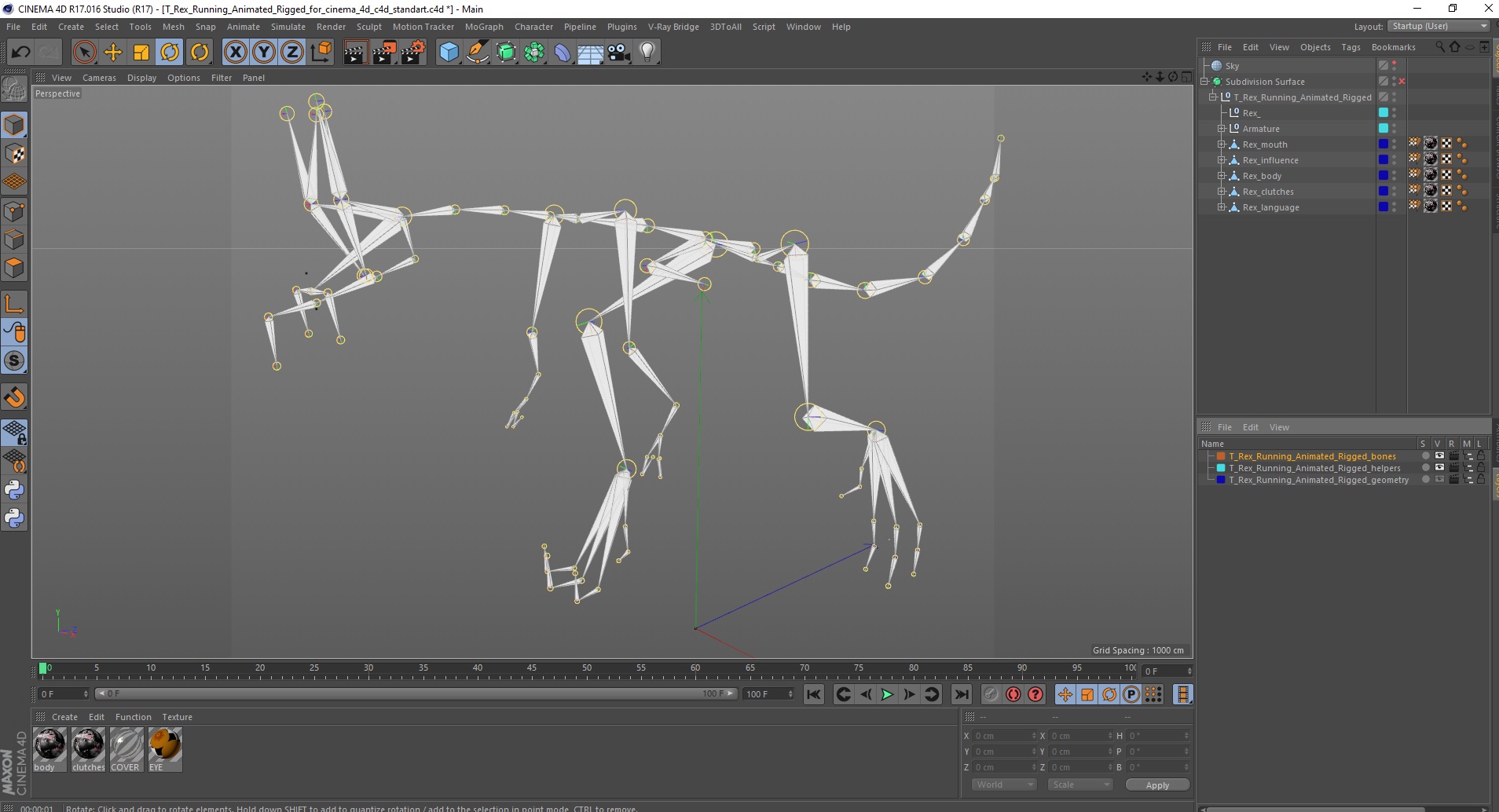 3D T Rex Running Animated Rigged for Cinema 4D model
