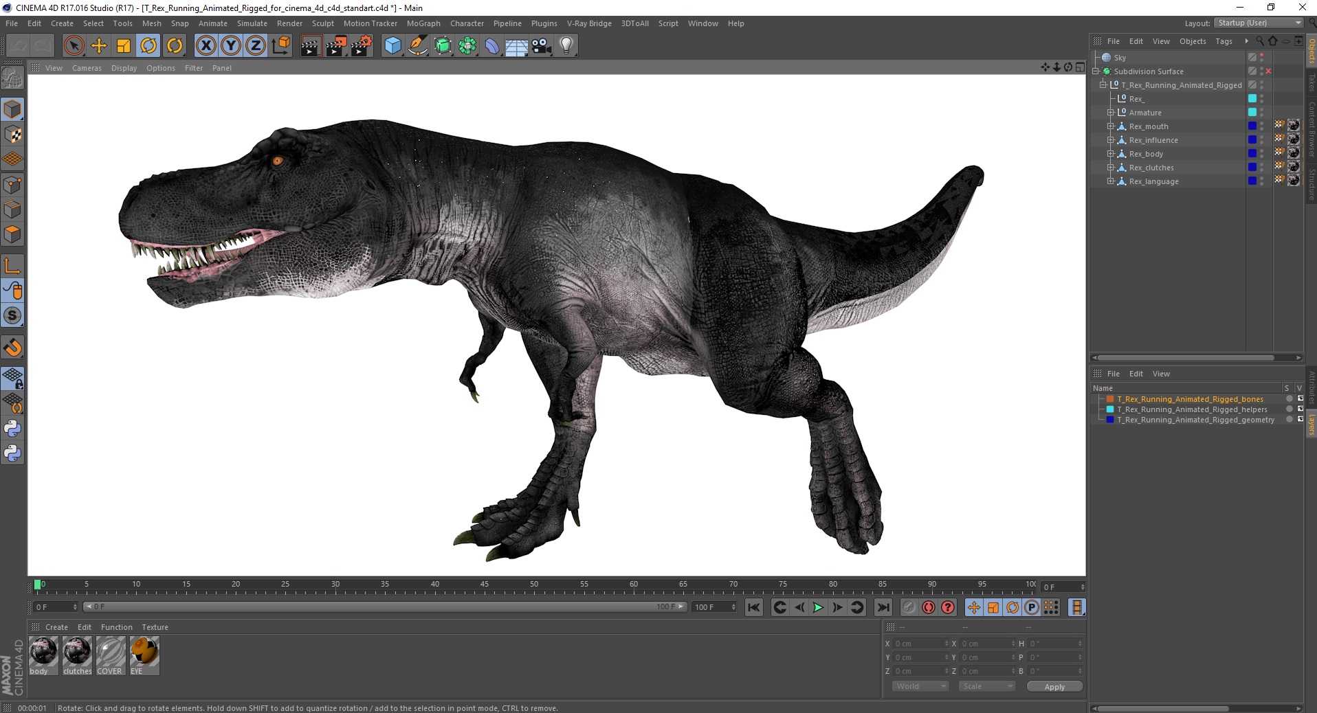 3D T Rex Running Animated Rigged for Cinema 4D model