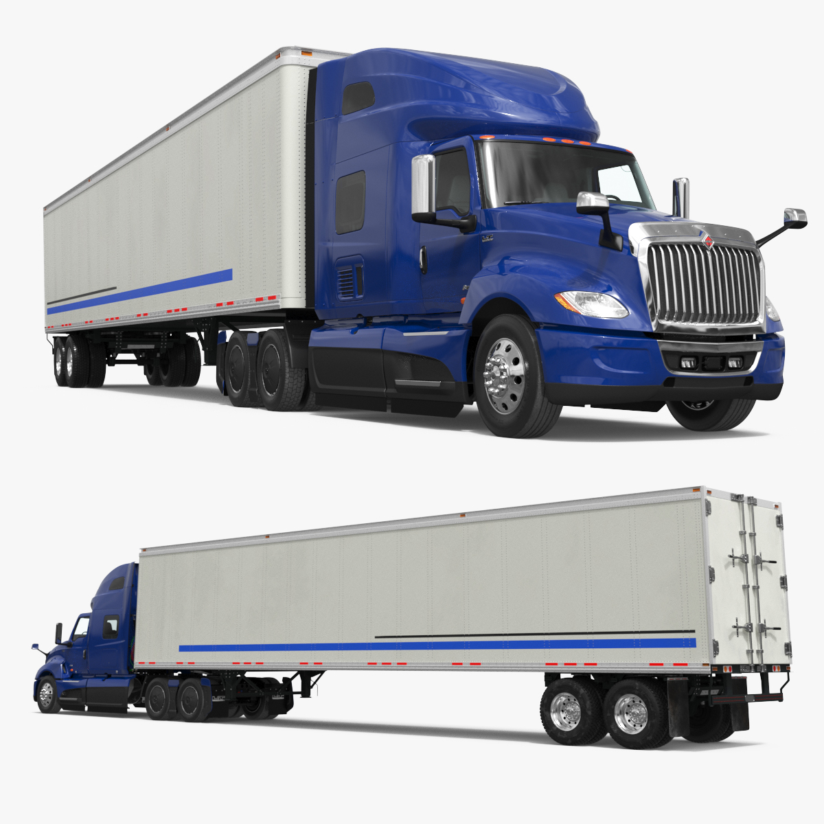 International LT625 Semi Truck with Box Trailer Blue 3D model preview