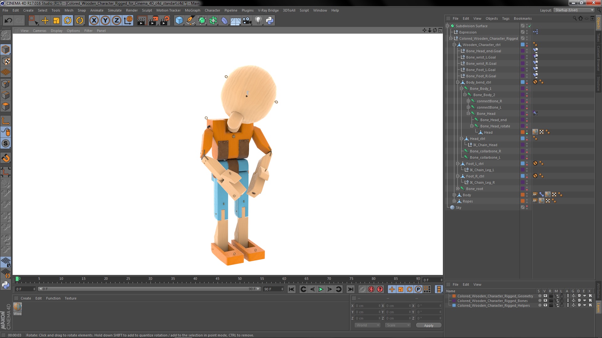 3D model Colored Wooden Character Rigged for Cinema 4D