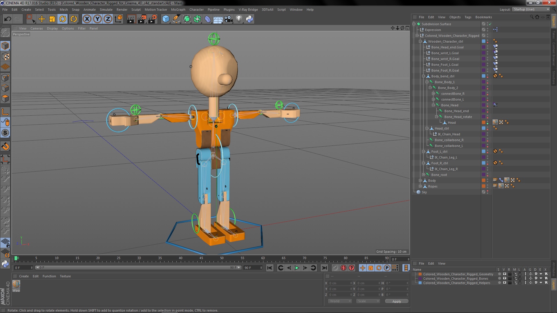 3D model Colored Wooden Character Rigged for Cinema 4D