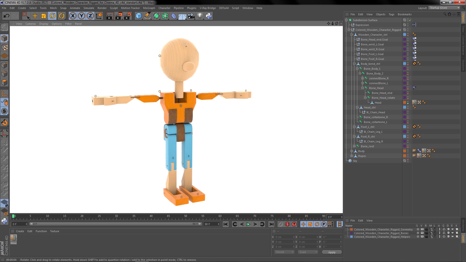 3D model Colored Wooden Character Rigged for Cinema 4D
