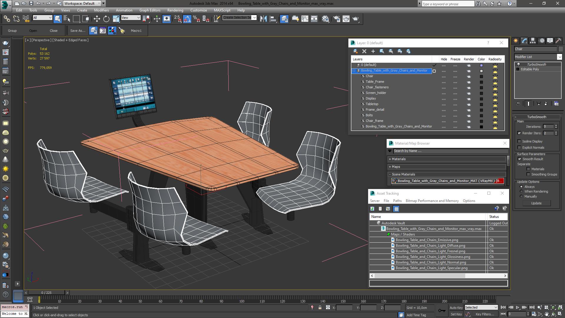 Bowling Table with Gray Chairs and Monitor 3D