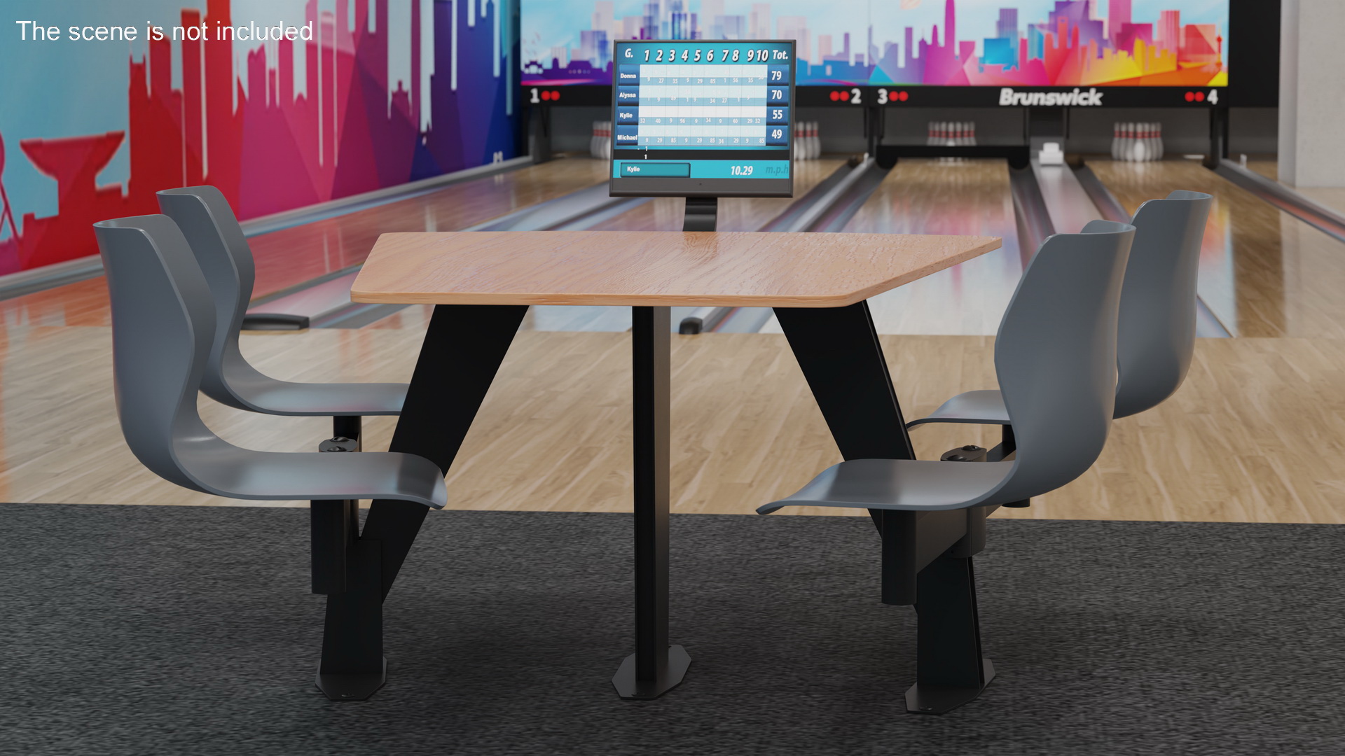 Bowling Table with Gray Chairs and Monitor 3D