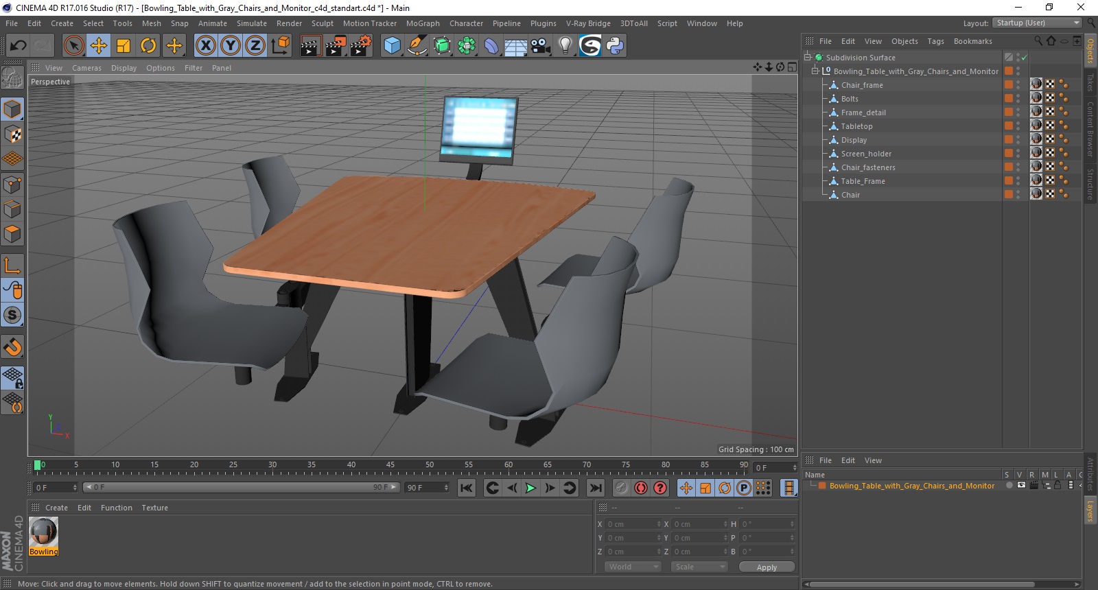 Bowling Table with Gray Chairs and Monitor 3D