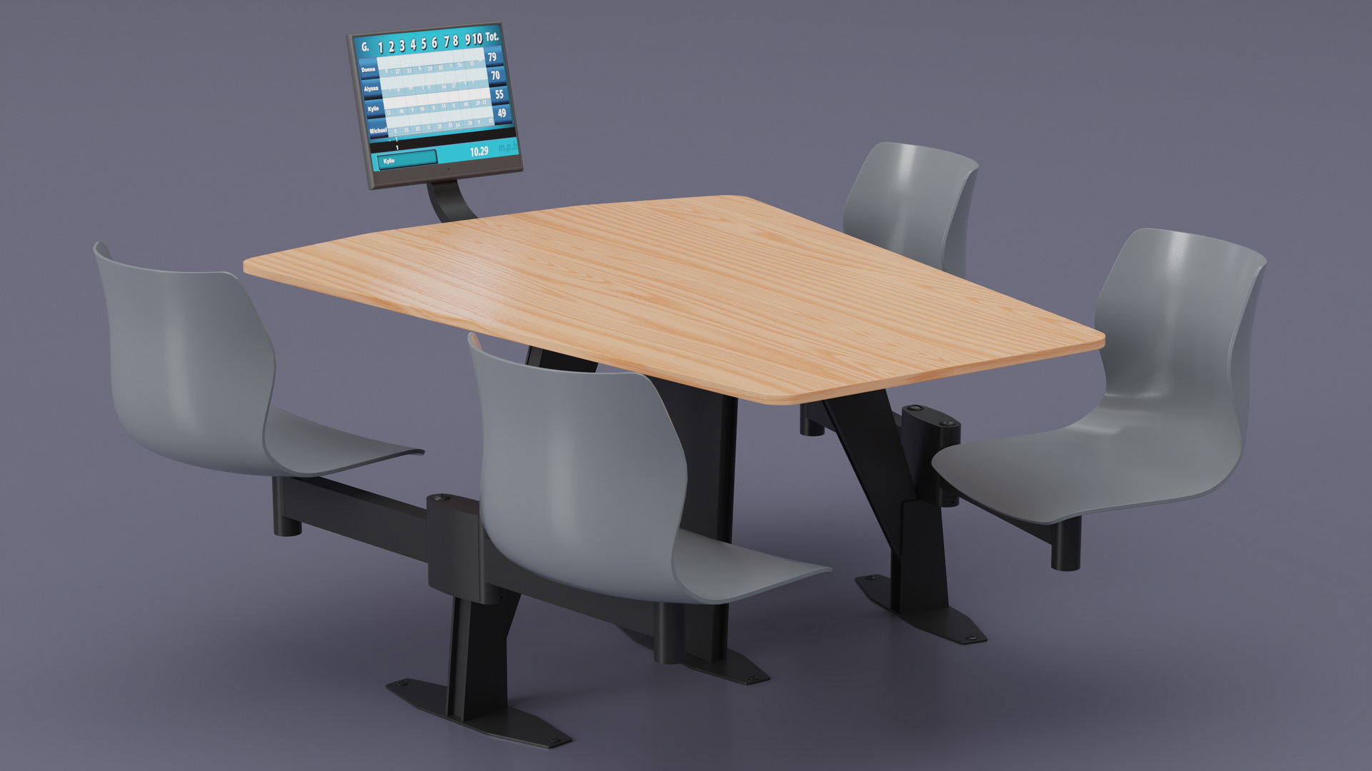Bowling Table with Gray Chairs and Monitor 3D