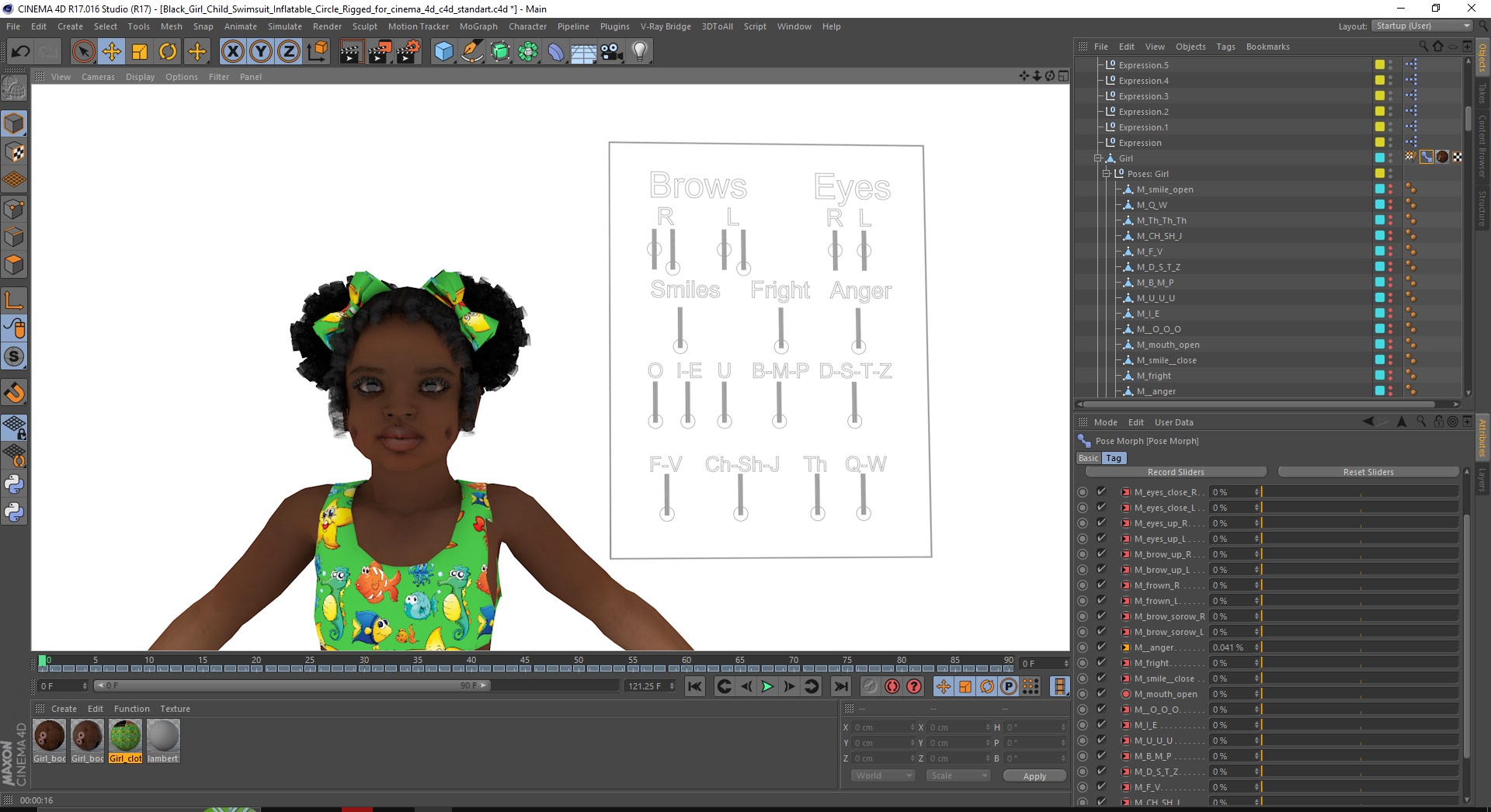Black Girl Child Swimsuit Inflatable Circle Rigged for Cinema 4D 3D model