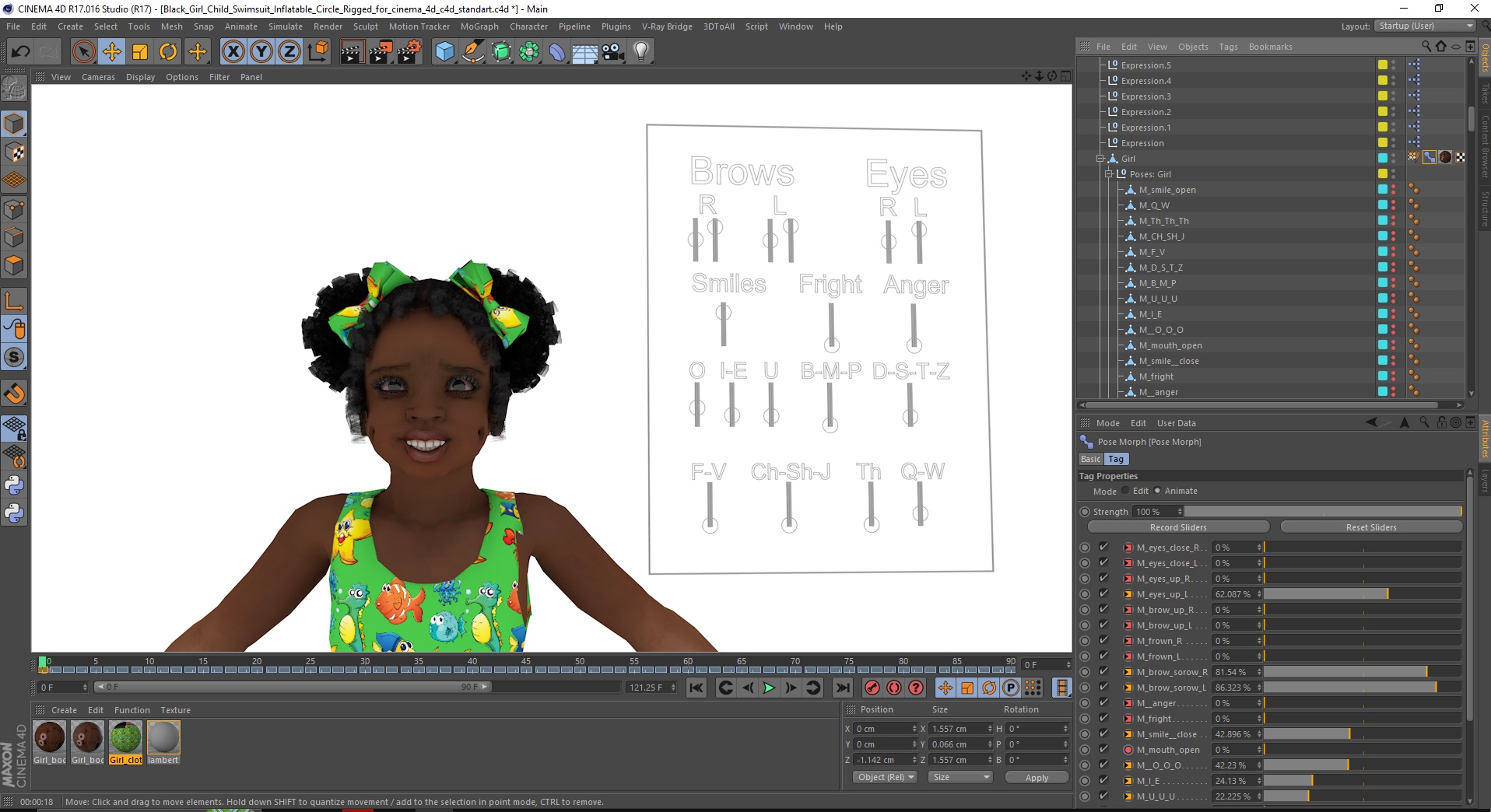 Black Girl Child Swimsuit Inflatable Circle Rigged for Cinema 4D 3D model