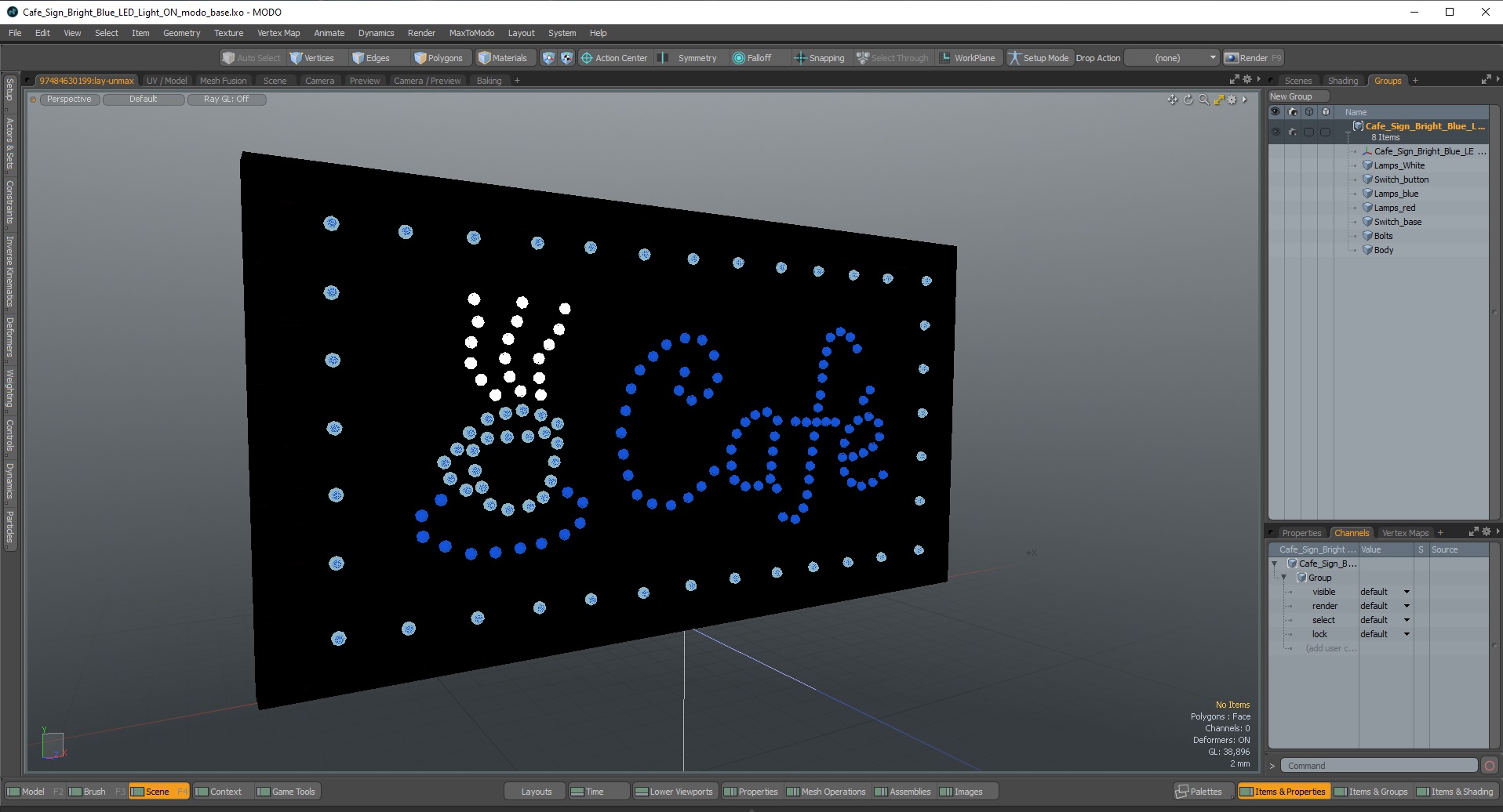 Cafe Sign Bright Blue LED Light ON 3D model