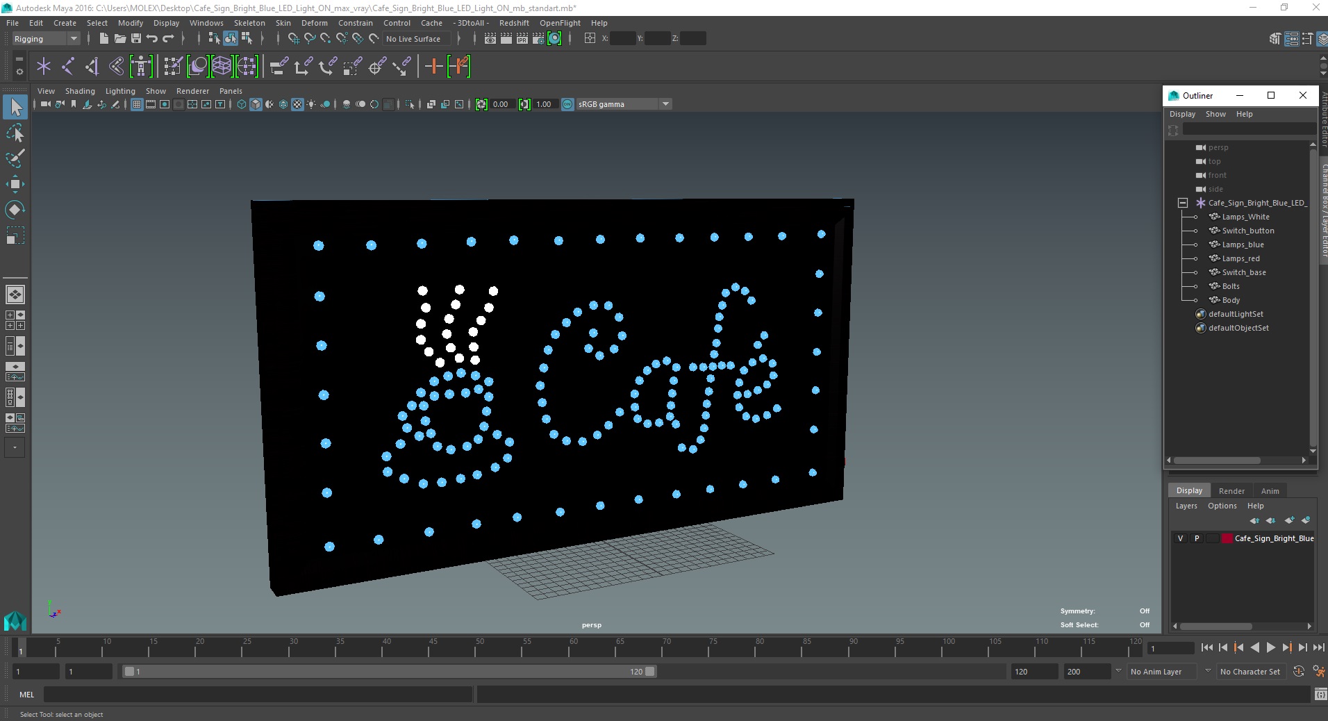 Cafe Sign Bright Blue LED Light ON 3D model