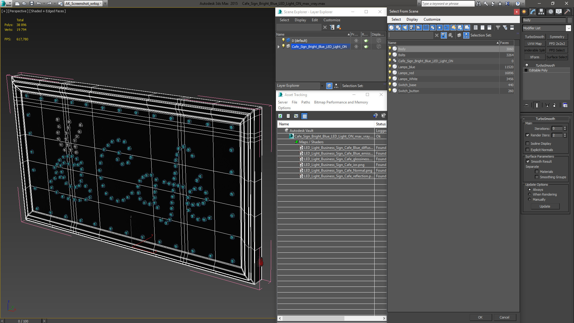 Cafe Sign Bright Blue LED Light ON 3D model