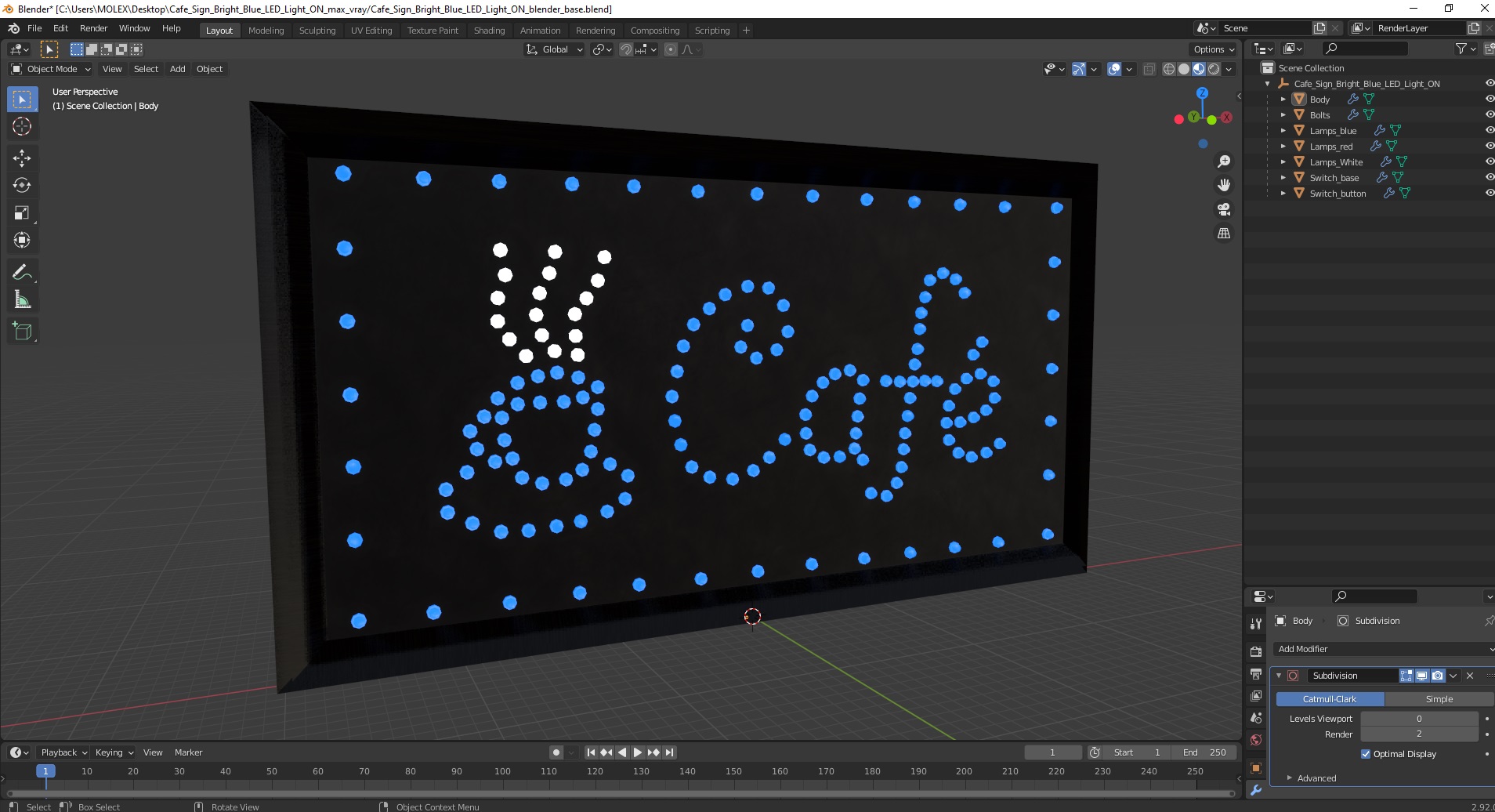 Cafe Sign Bright Blue LED Light ON 3D model