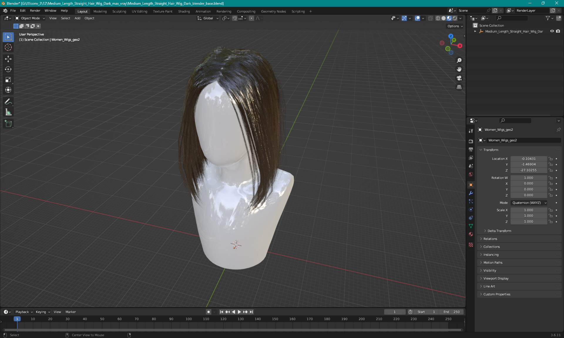 3D Medium Length Straight Hair Wig Dark