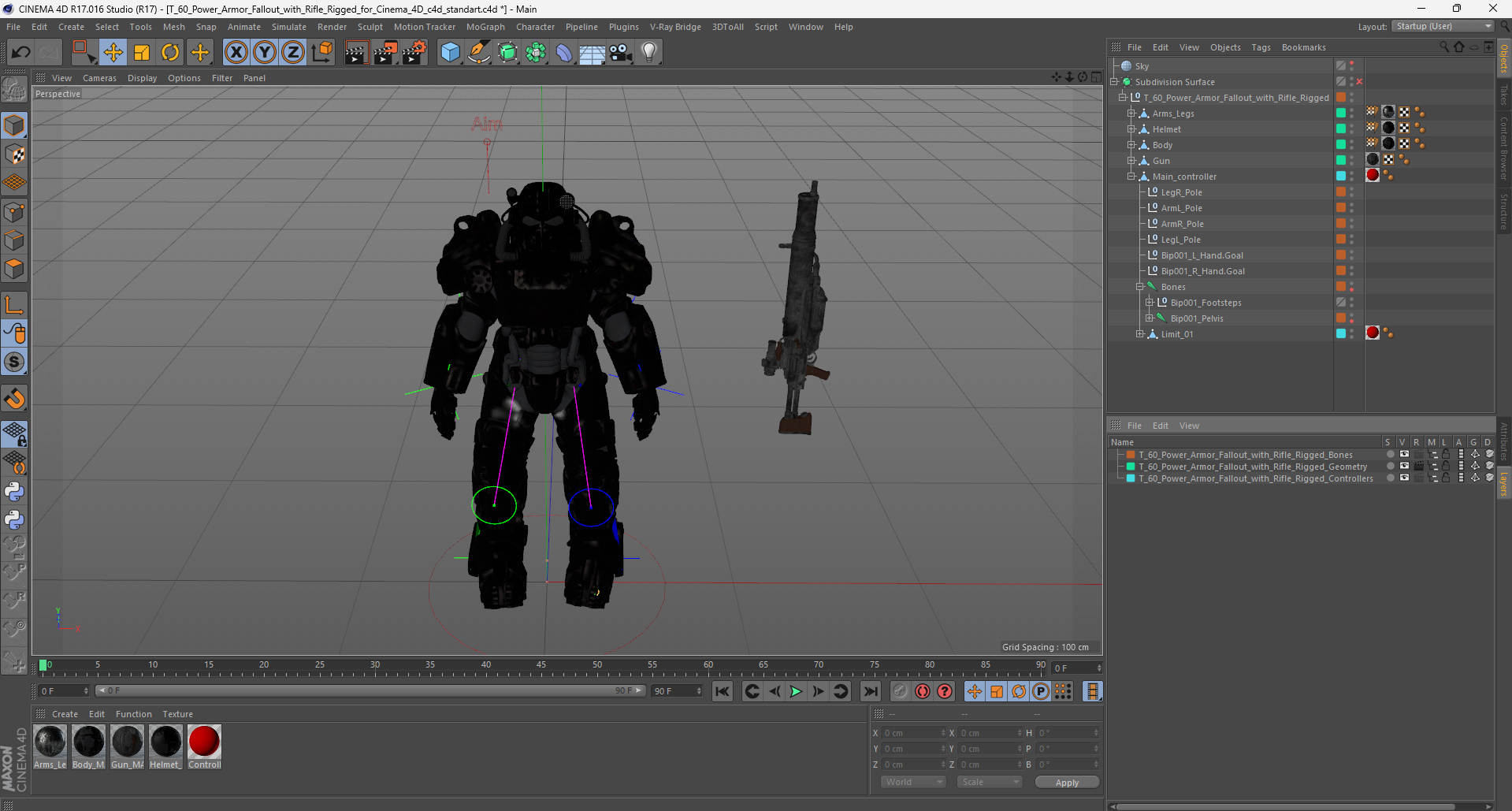 3D T 60 Power Armor Fallout with Rifle Rigged for Cinema 4D