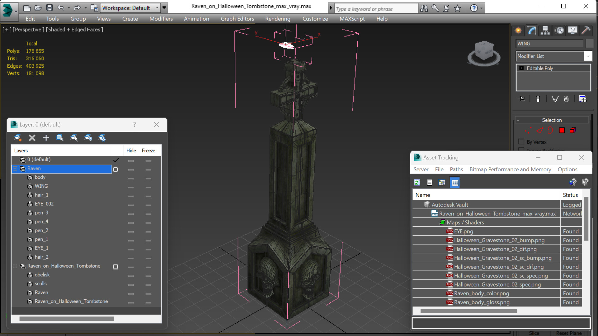 3D Raven on Halloween Tombstone model