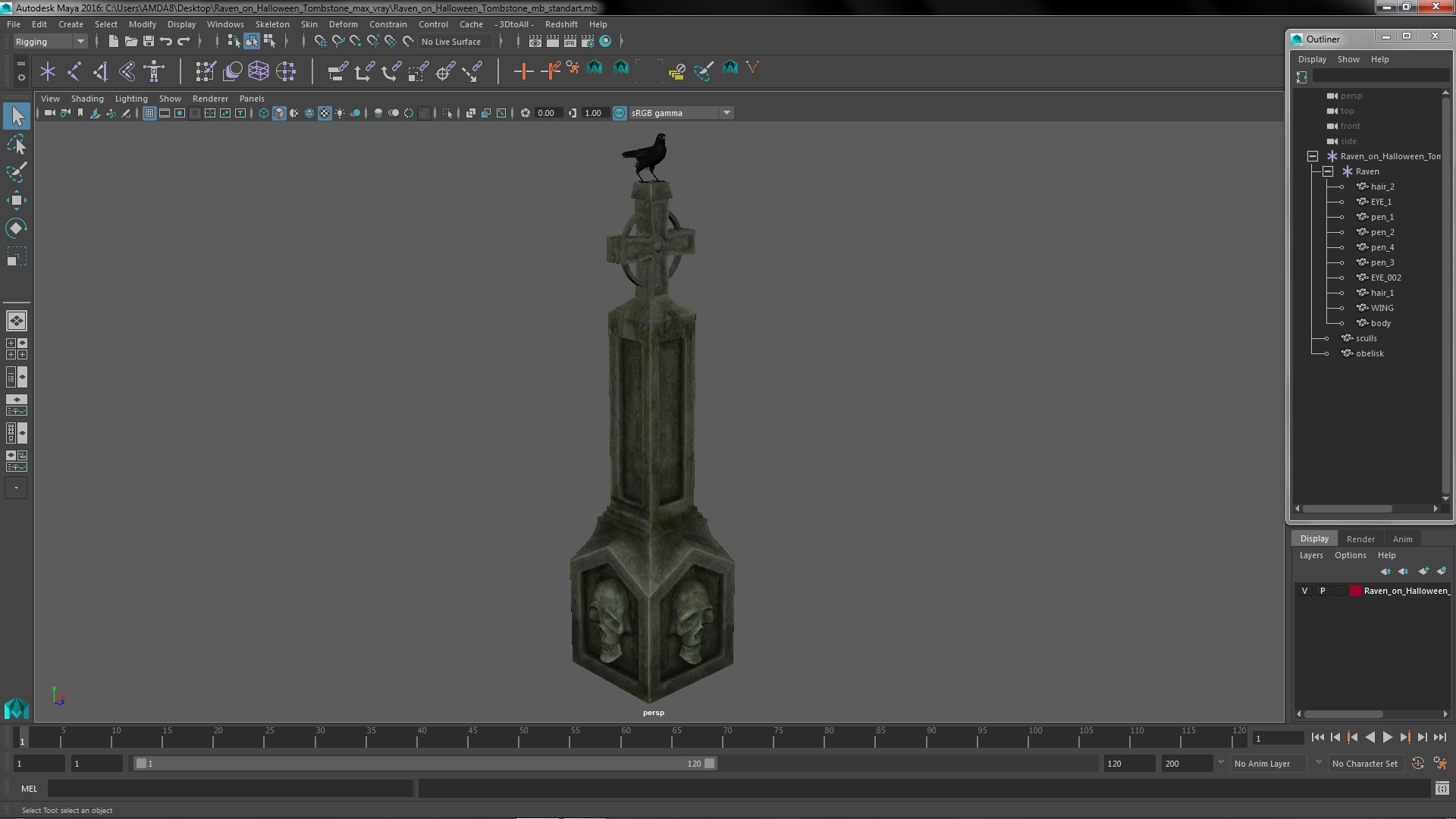 3D Raven on Halloween Tombstone model