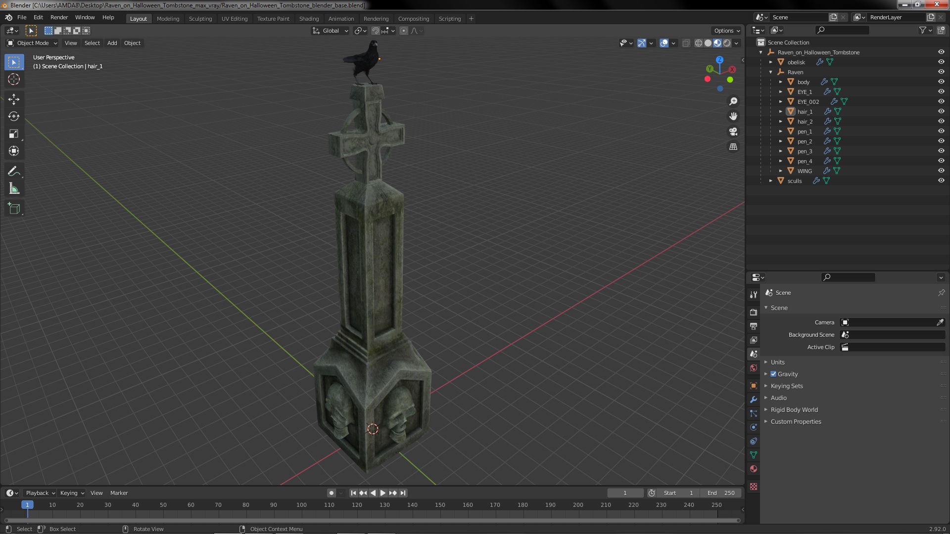 3D Raven on Halloween Tombstone model