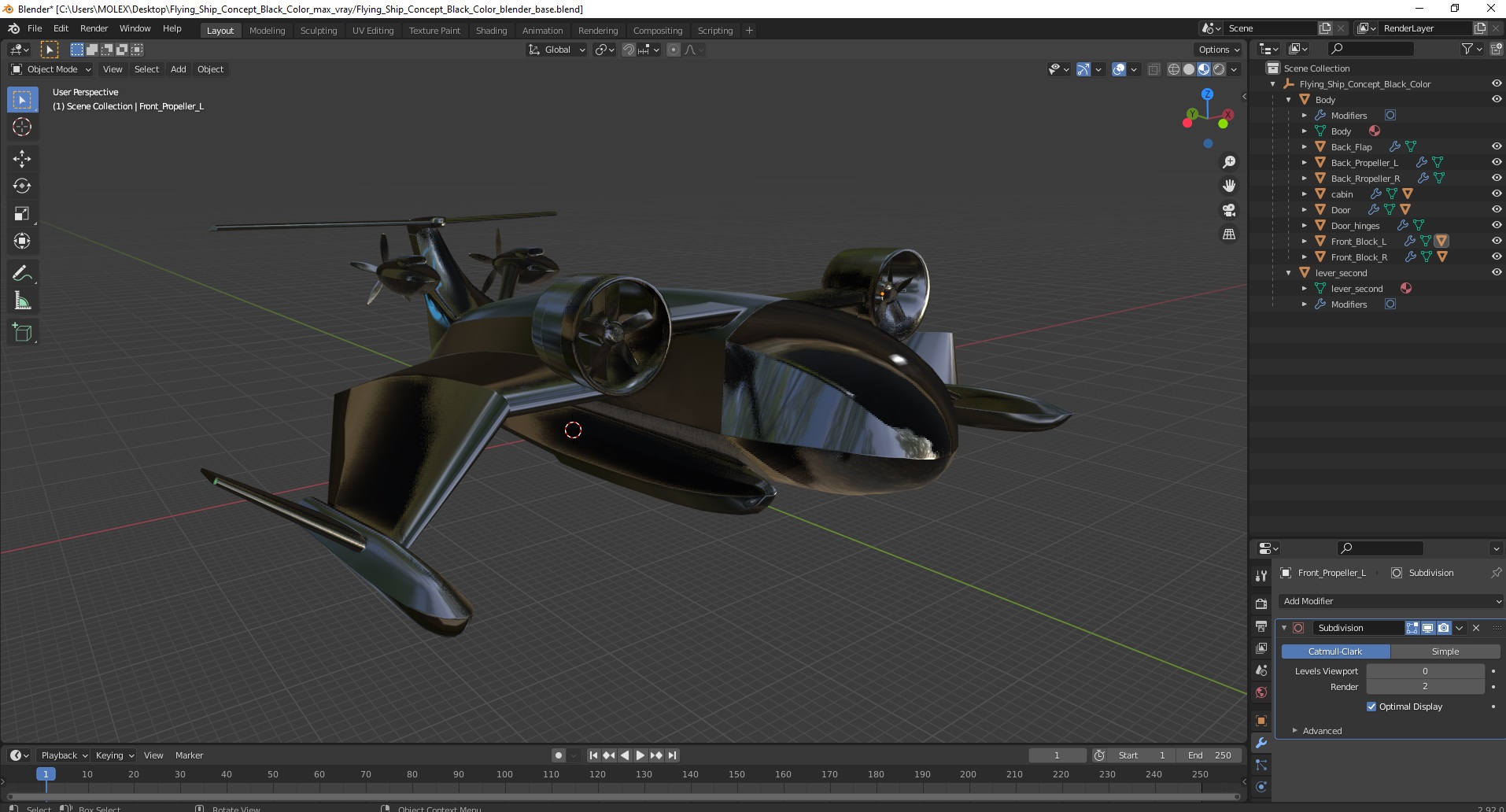 3D Flying Ship Concept Black Color