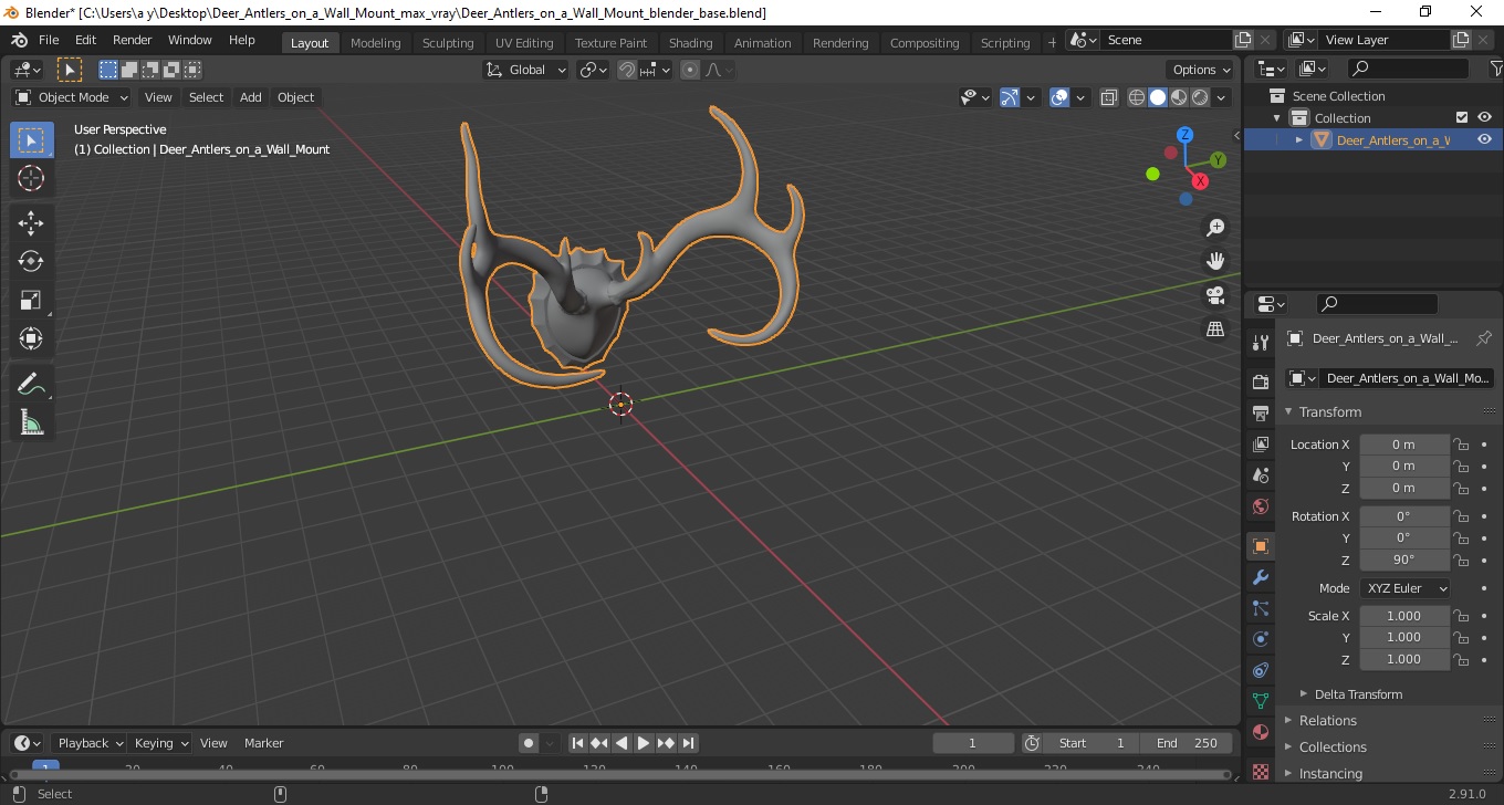 3D Deer Antlers on a Wall Mount model