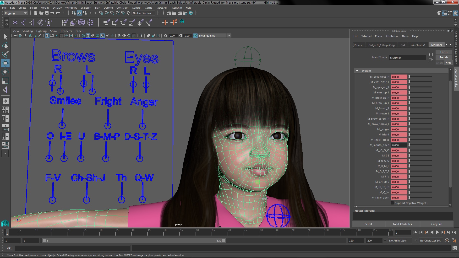 3D Asian Girl in Beach Suit with Inflatable Circle Rigged for Maya model