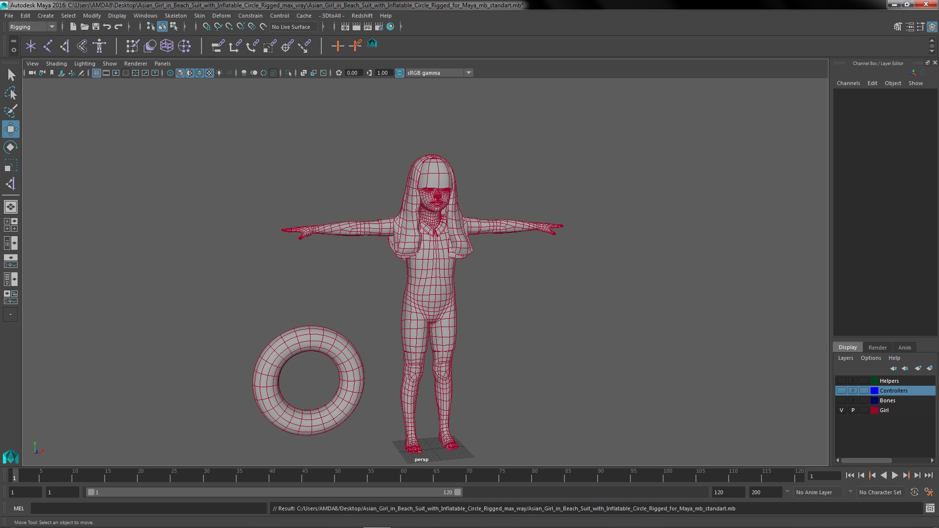 3D Asian Girl in Beach Suit with Inflatable Circle Rigged for Maya model