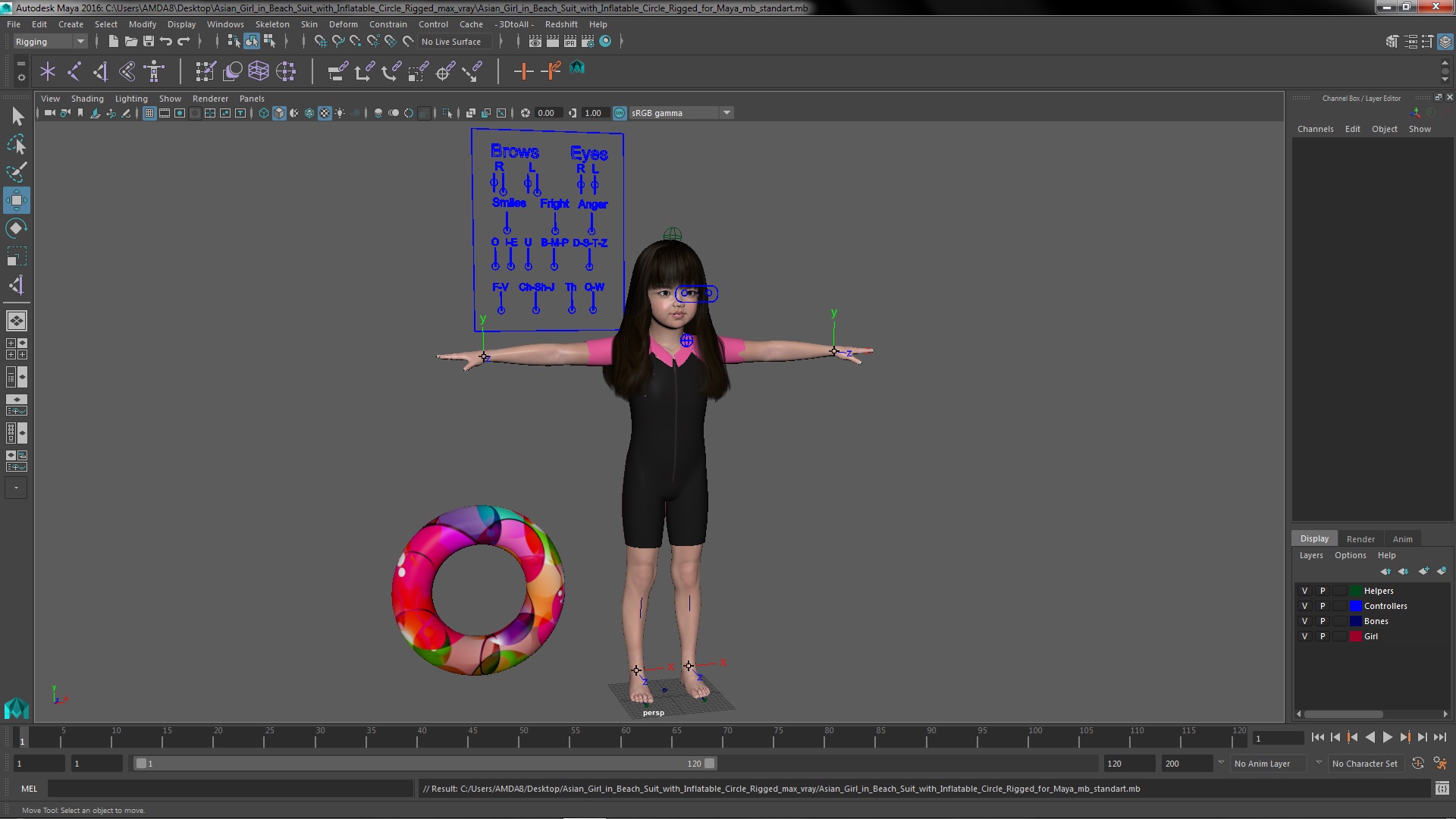 3D Asian Girl in Beach Suit with Inflatable Circle Rigged for Maya model