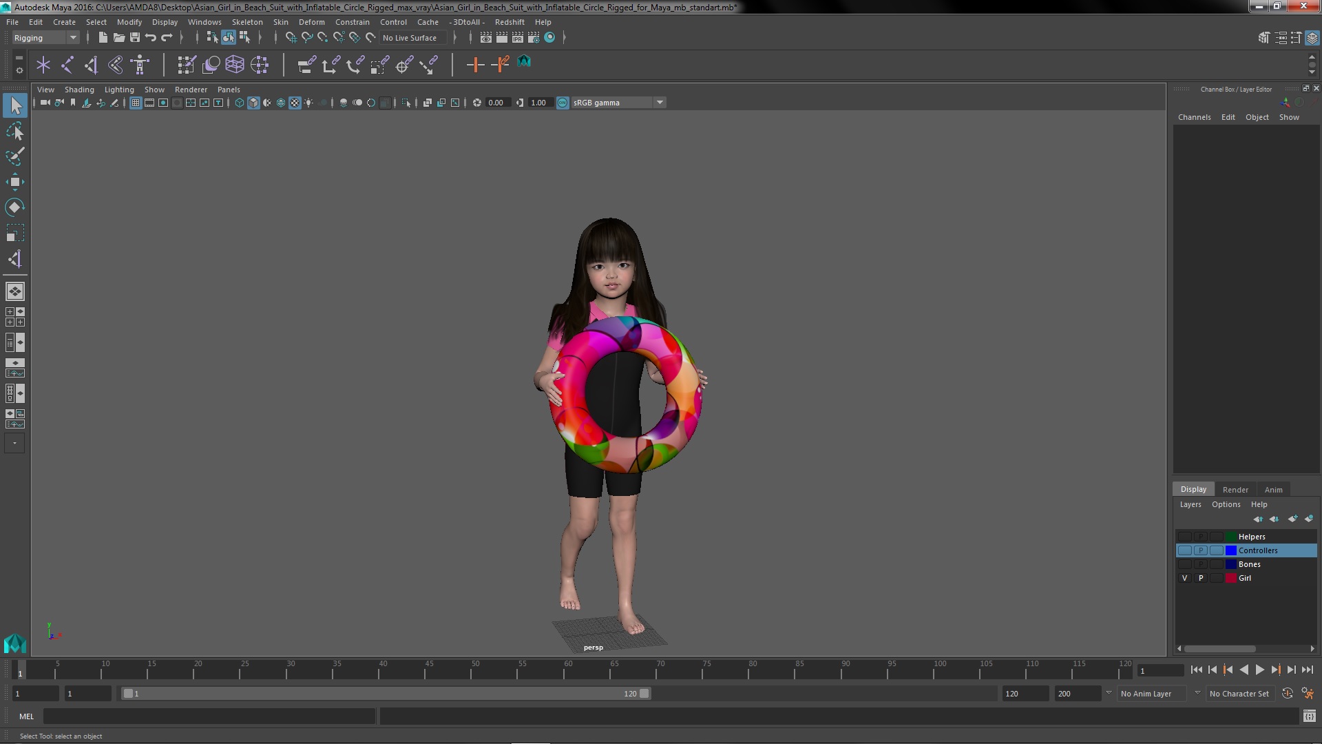 3D Asian Girl in Beach Suit with Inflatable Circle Rigged for Maya model