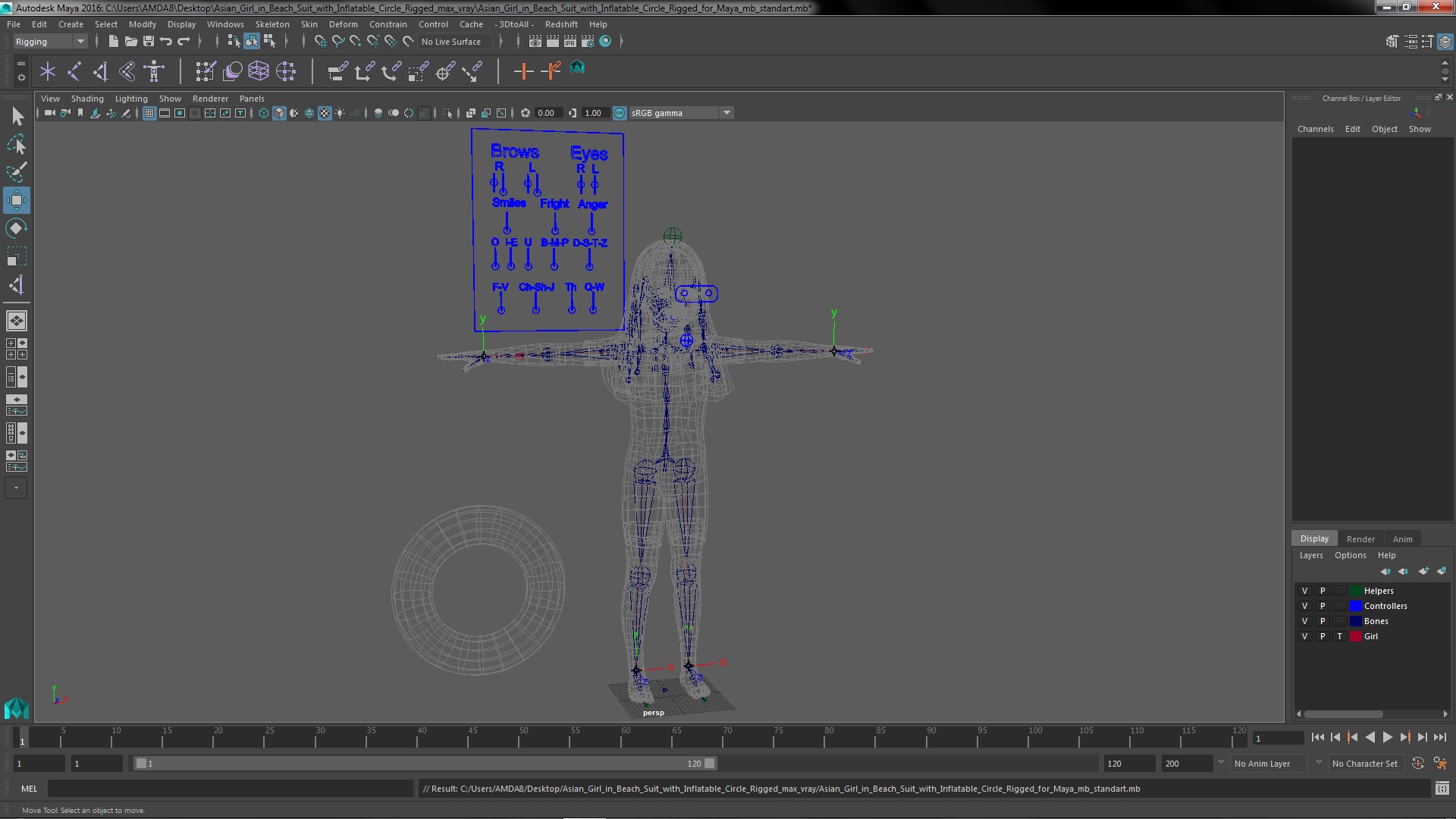 3D Asian Girl in Beach Suit with Inflatable Circle Rigged for Maya model