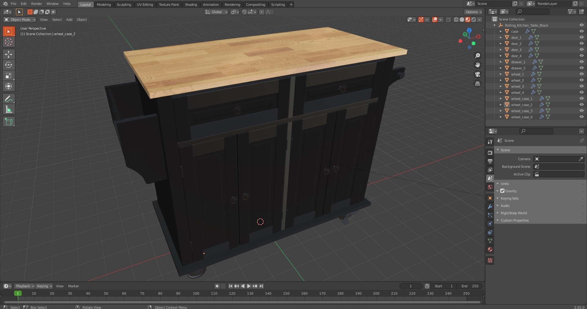 Rolling Kitchen Table Black 3D