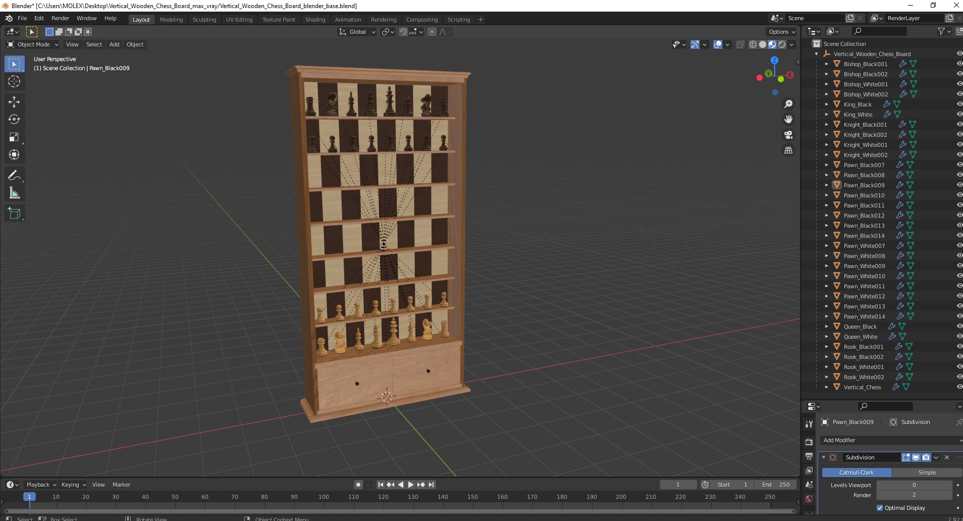 Vertical Wooden Chess Board 3D