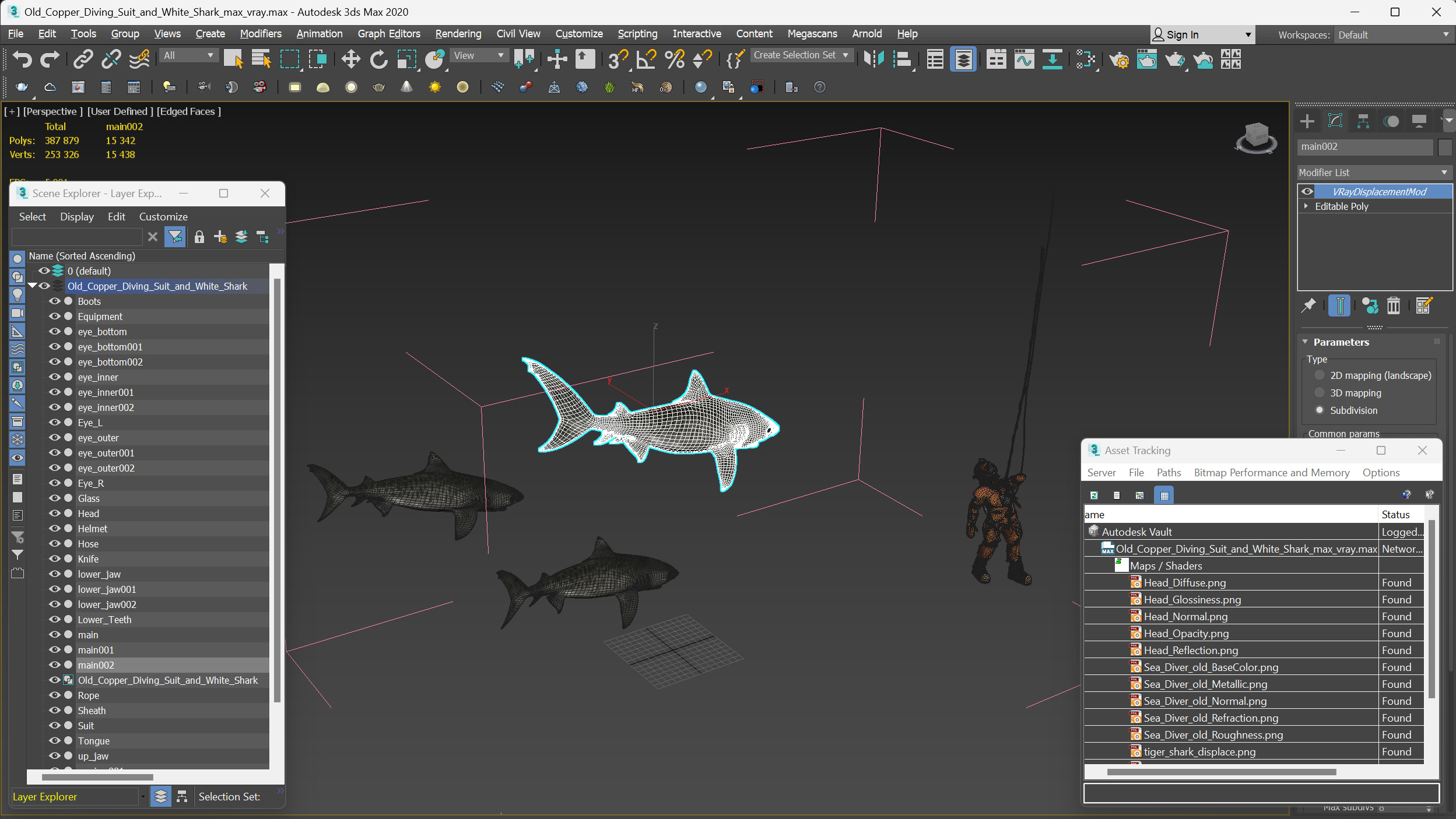 3D Old Copper Diving Suit and White Shark model