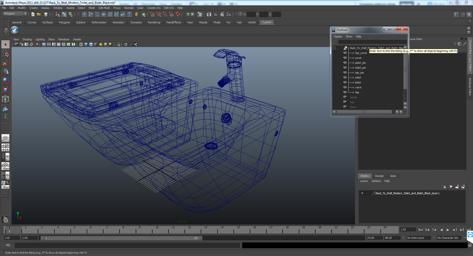 Back To Wall Modern Toilet and Bidet Black 3D