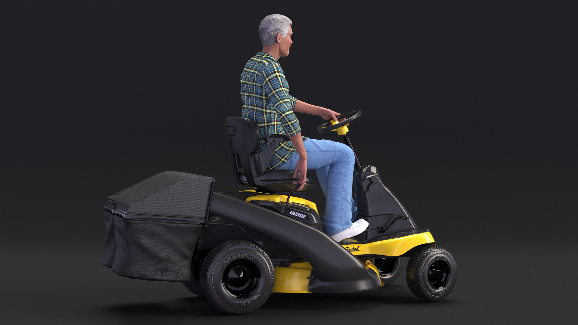 Man with Riding Lawn Mower Cub Cadet CC30E 3D