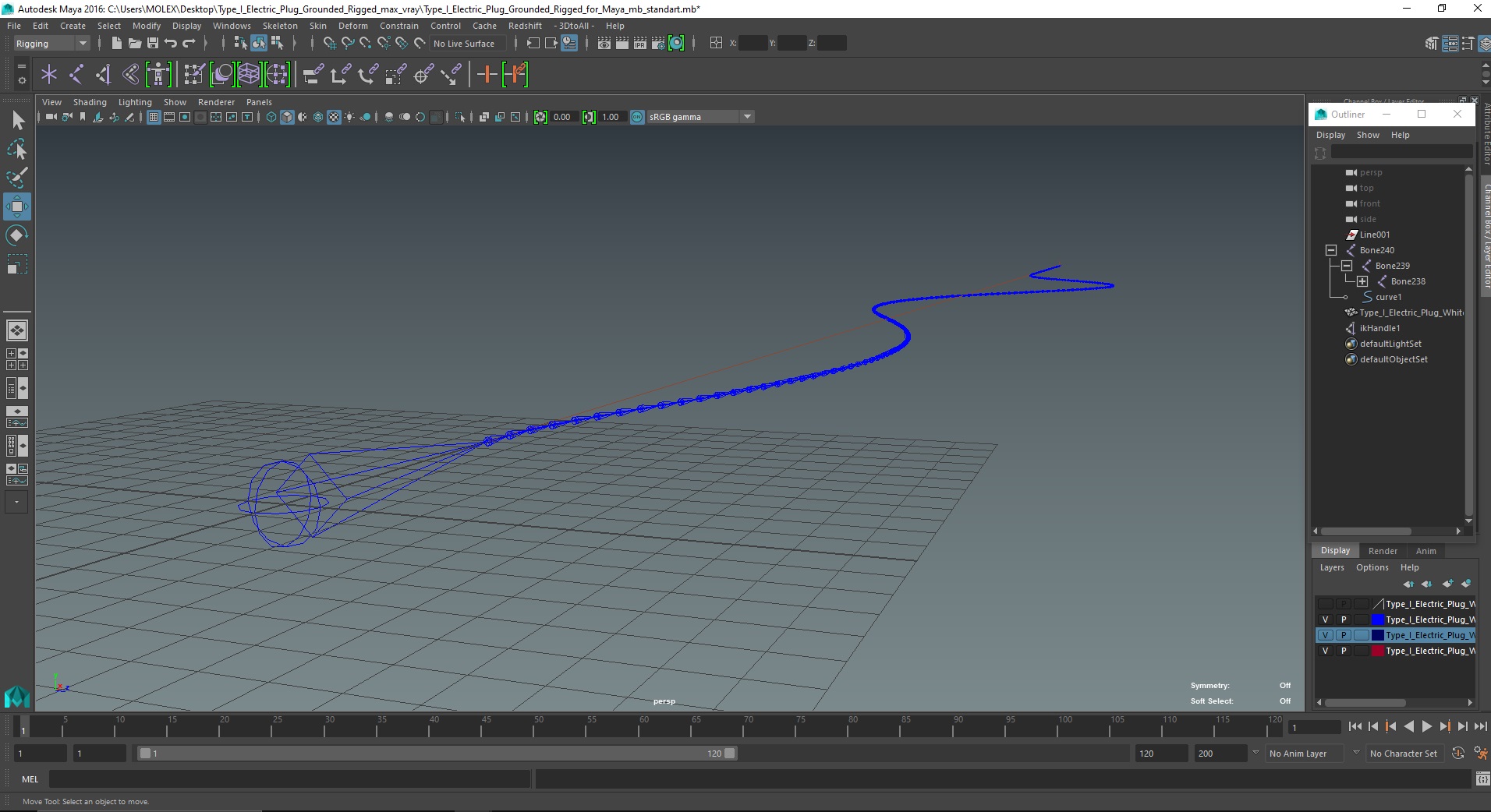 3D model Type I Electric Plug Grounded Rigged for Maya