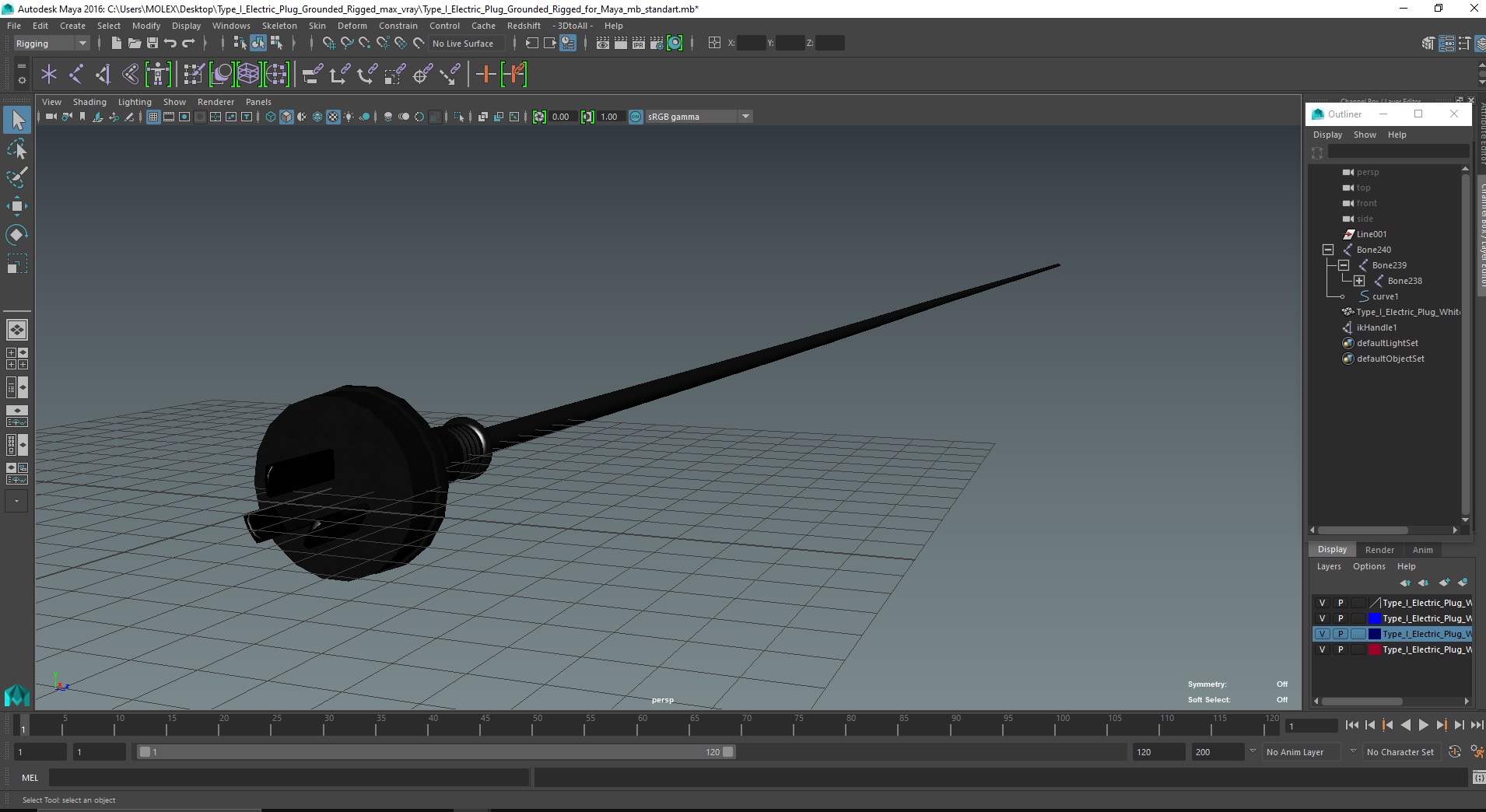 3D model Type I Electric Plug Grounded Rigged for Maya