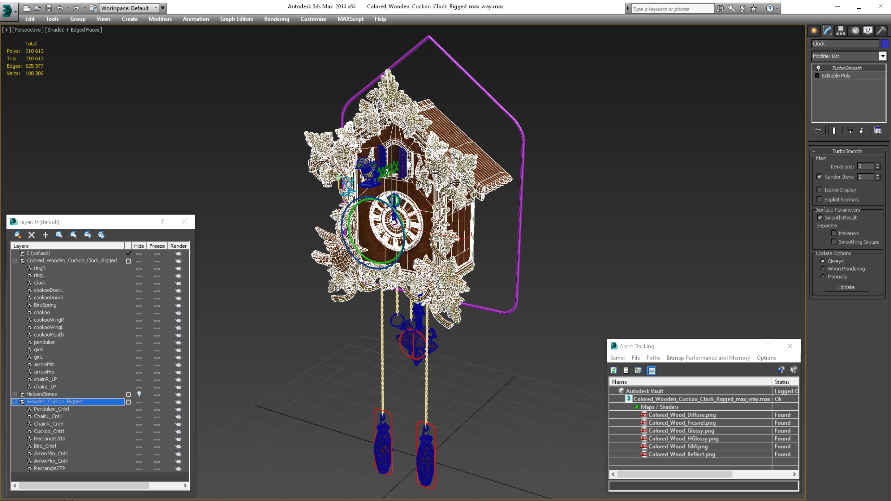 Colored Wooden Cuckoo Clock Rigged 3D model