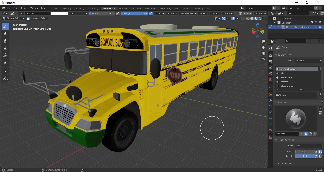 3D Electric Blue Bird Vision School Bus