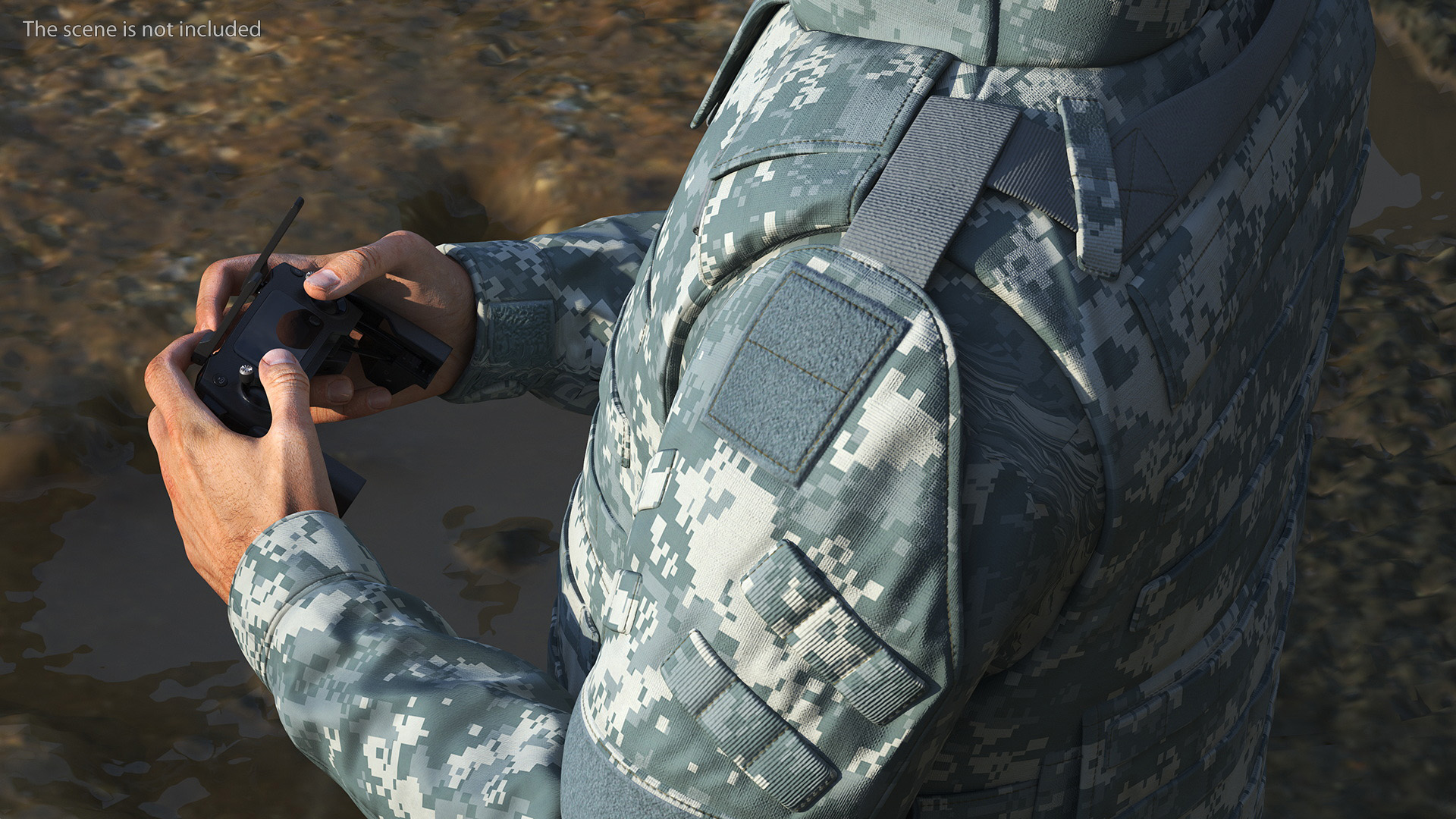 3D FPV Drone Operator in Digital Camouflage with Remote Control in Hands Fur model